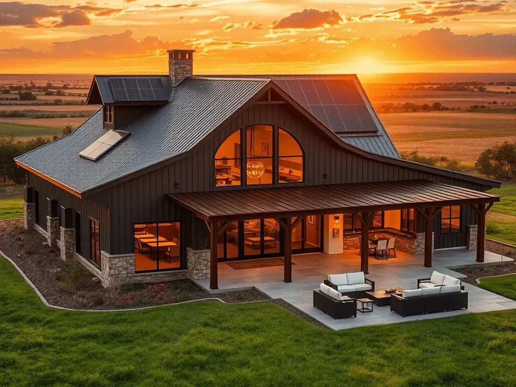 Contemporary barndominium design for rural living with big spacious porch and dark and light grey colors.
