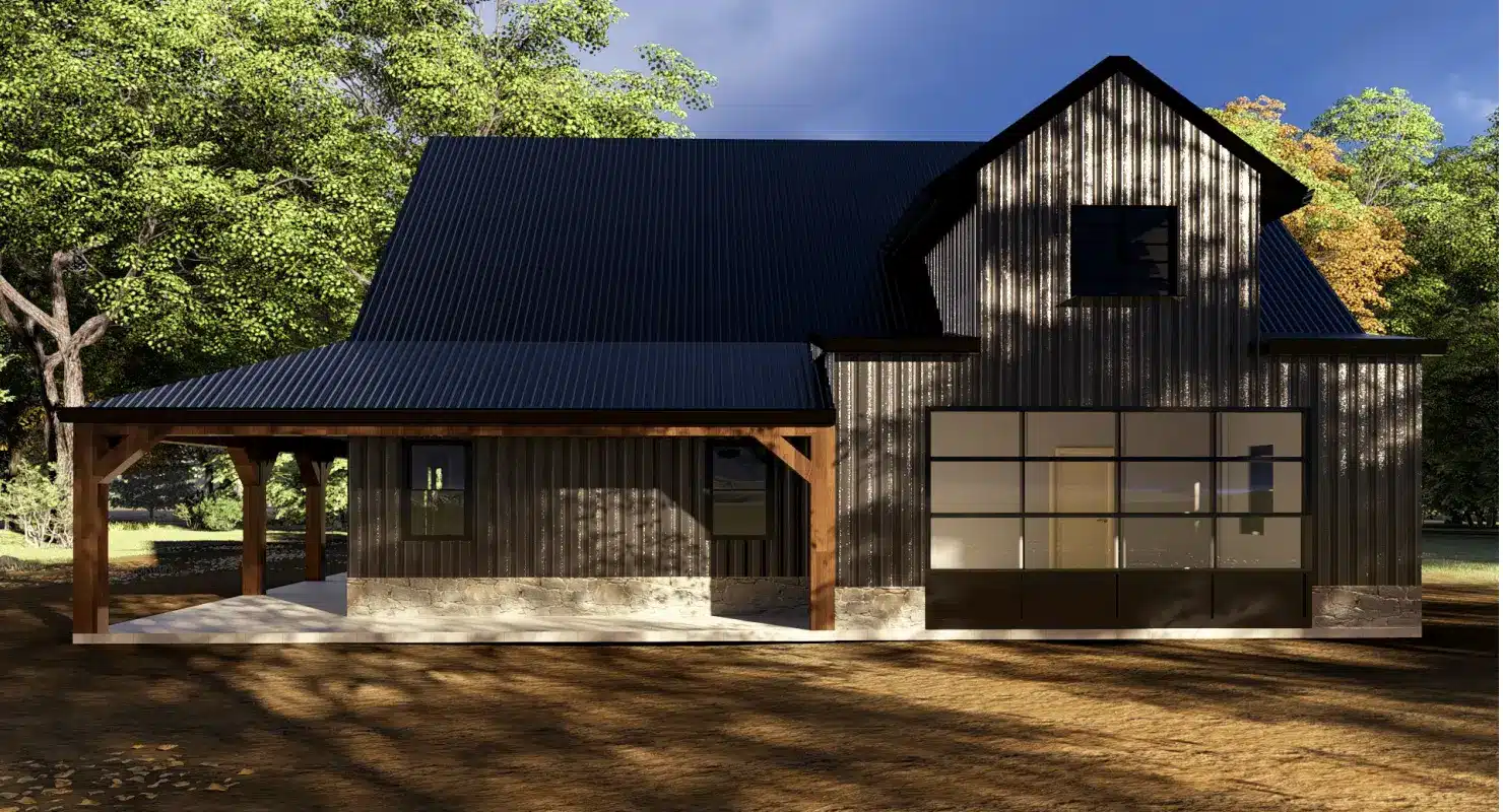 custom barndominium with dark navy and light grey colores. Image taken from the side.