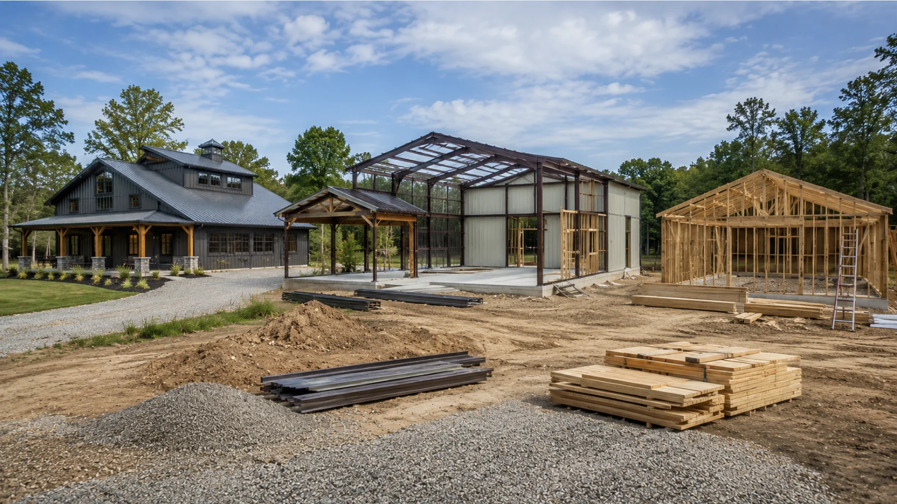 Barndominium construction in Oklahoma showing a completed custom metal home beside a steel-frame structure under construction on a rural building site.