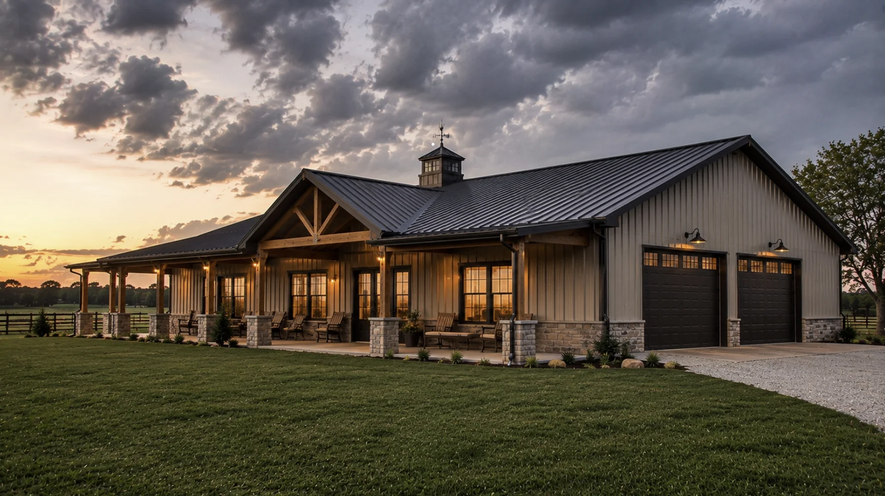 Custom metal building home in Oklahoma featuring durable steel construction, energy-efficient metal roof, covered porch, oversized garage, and landscaped rural property.