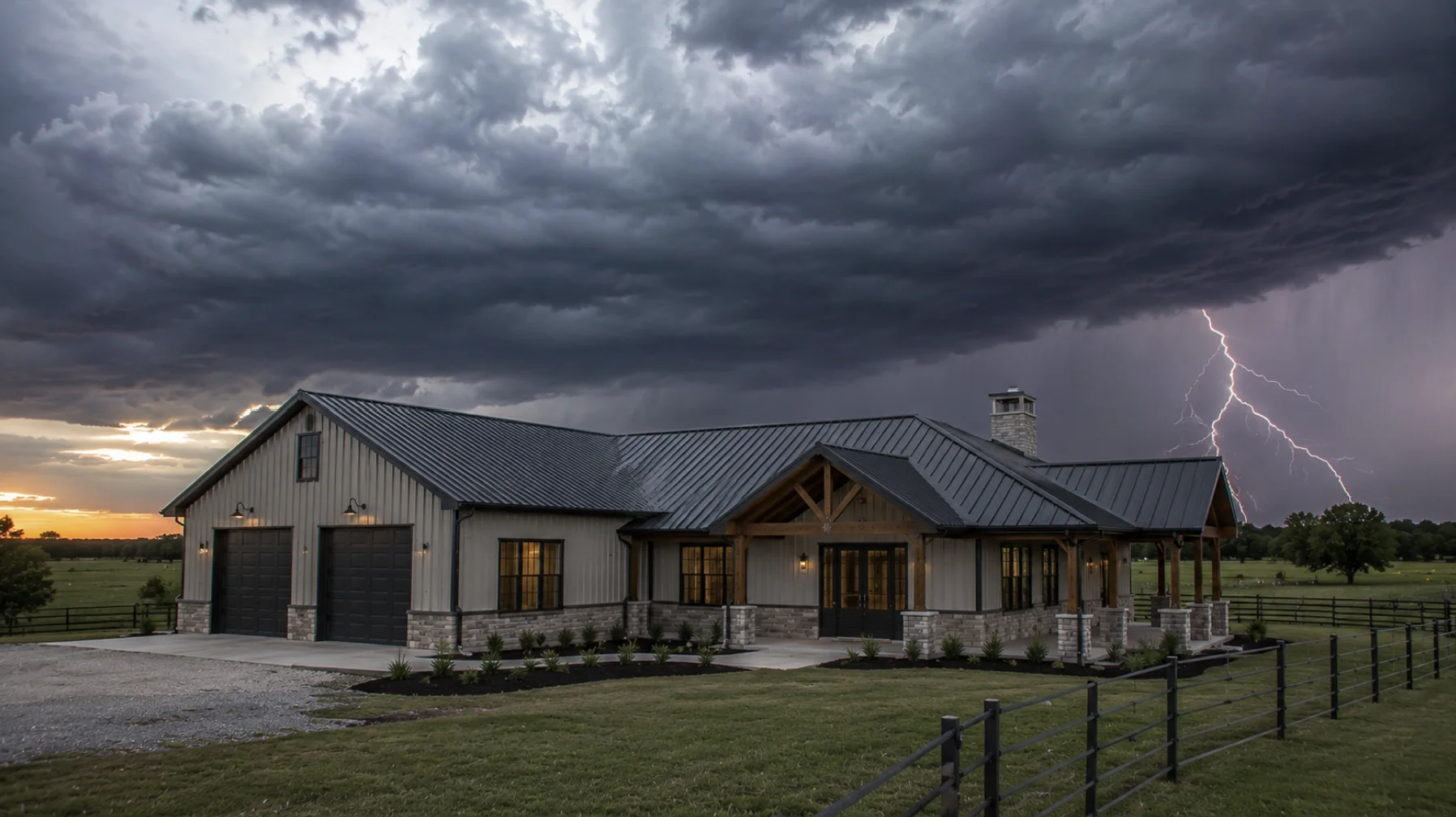 Custom Oklahoma barndominium engineered for severe weather with durable metal construction beneath dramatic storm clouds on a rural property.