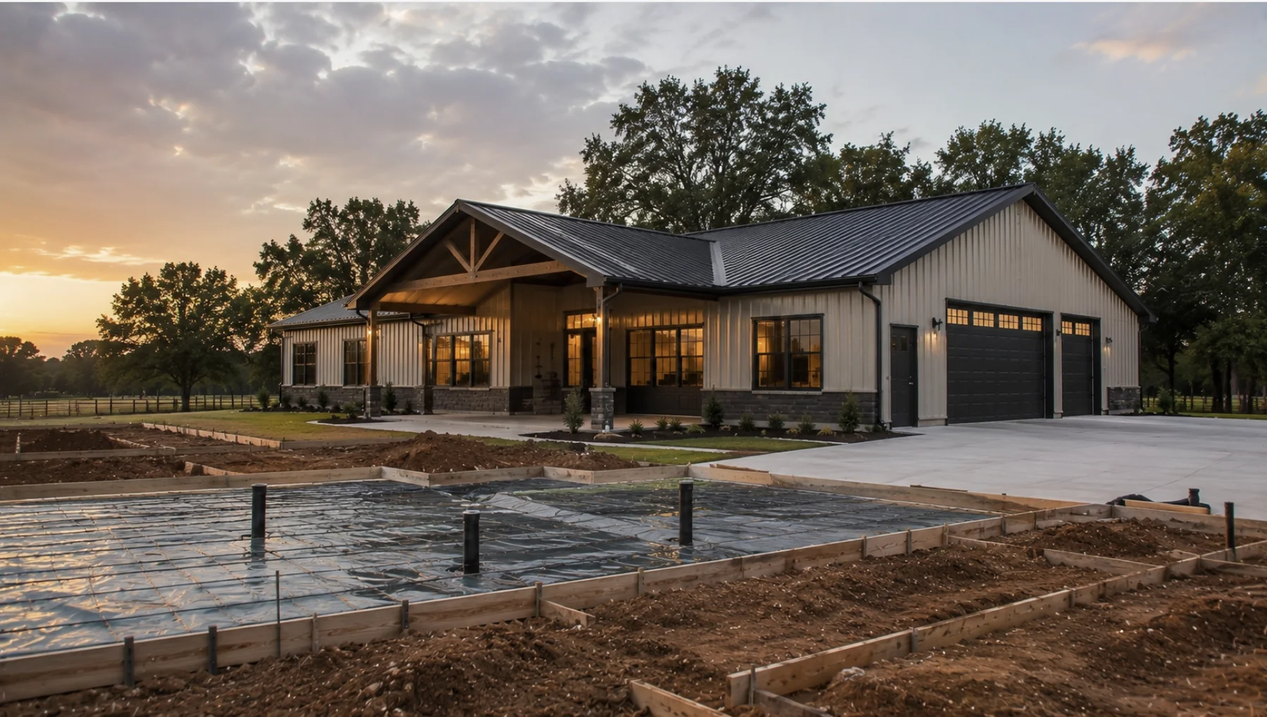 Modern Oklahoma metal home under construction with concrete foundation, durable steel exterior, attached garage, and professionally prepared building site.