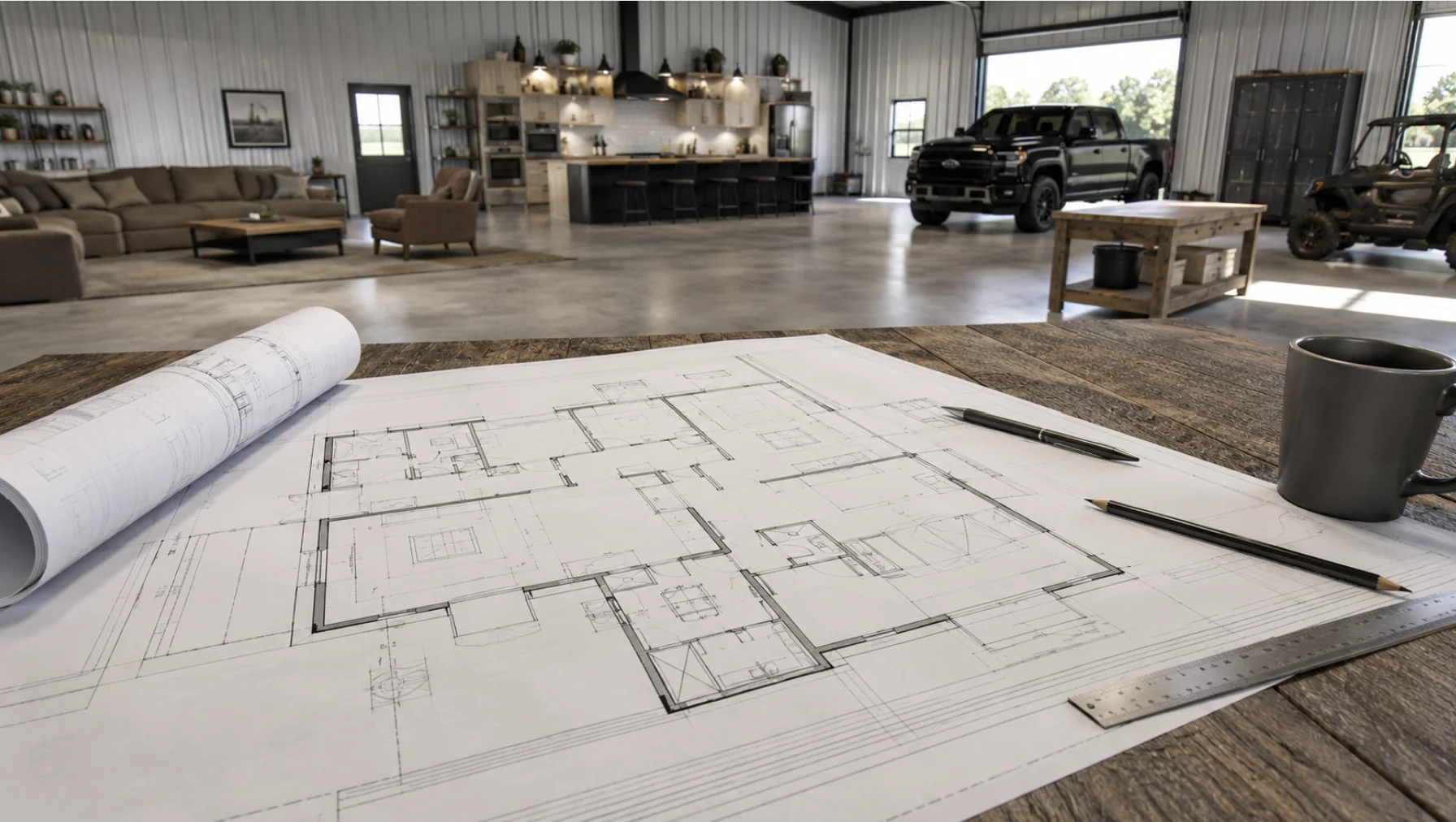 Custom barndominium floor plans displayed on a drafting table inside a modern Oklahoma metal home designed for flexible living, workspace, and garage use.