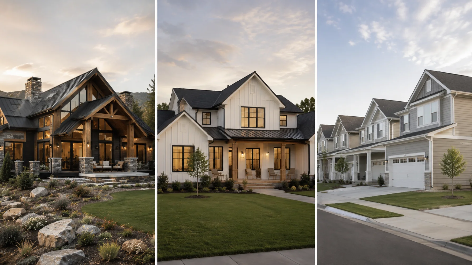 Comparison of custom home, semi-custom home, and production home styles showcasing different levels of design flexibility and craftsmanship.