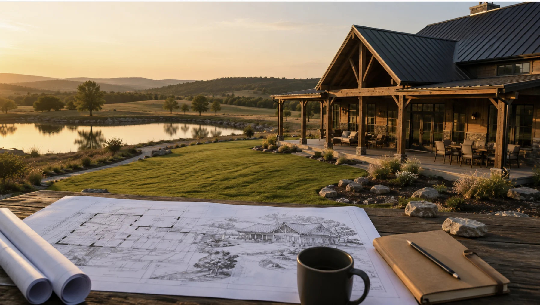 Custom home designed around rural Oklahoma land featuring architectural plans, scenic acreage, a pond, and a modern farmhouse.