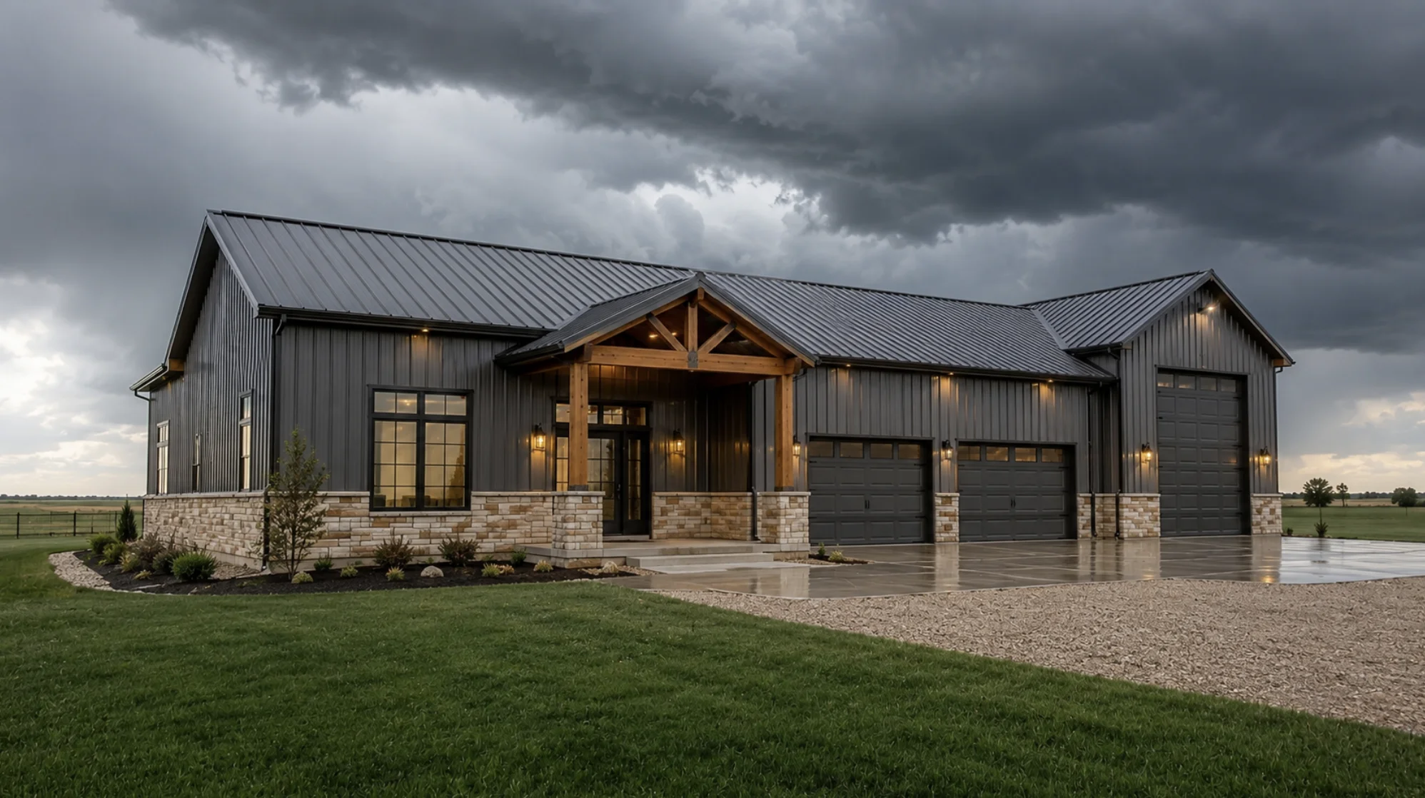 Engineered metal barndominium in Oklahoma designed to withstand severe weather with durable steel construction, metal roof, and oversized garage.
