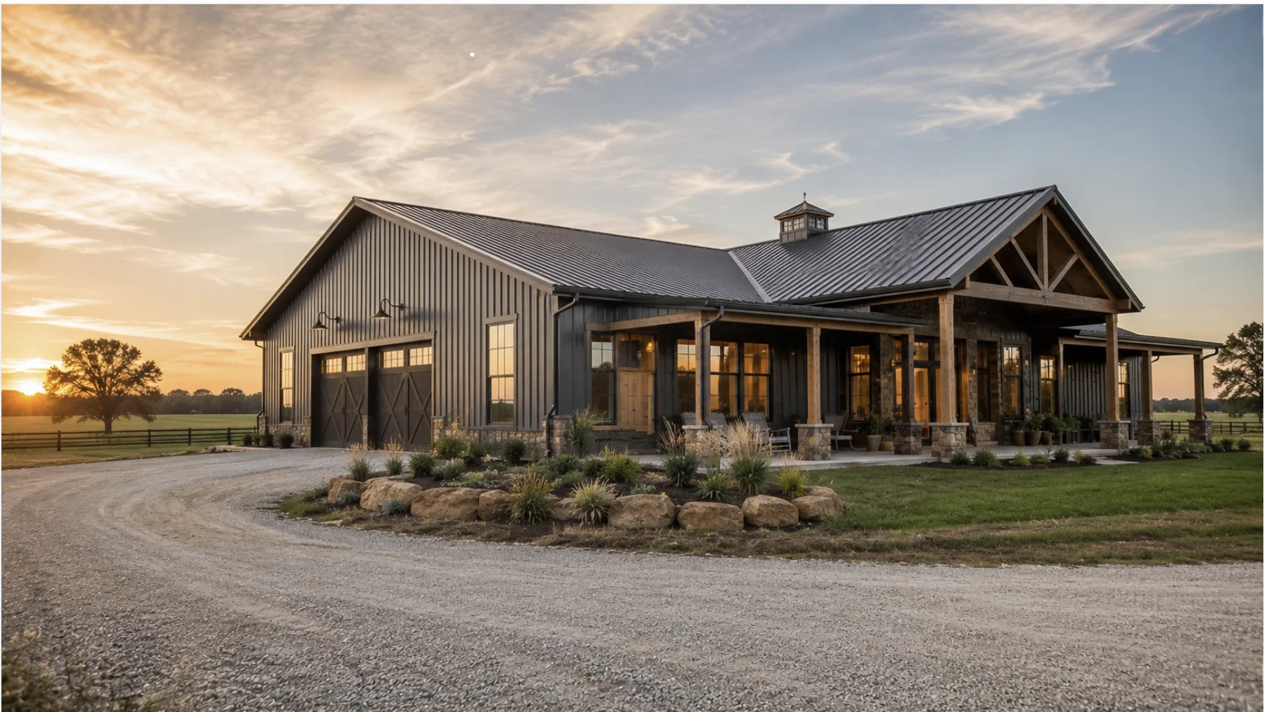 Completed custom Oklahoma barndominium featuring modern metal construction, covered front porch, oversized garage, and professionally landscaped rural property.