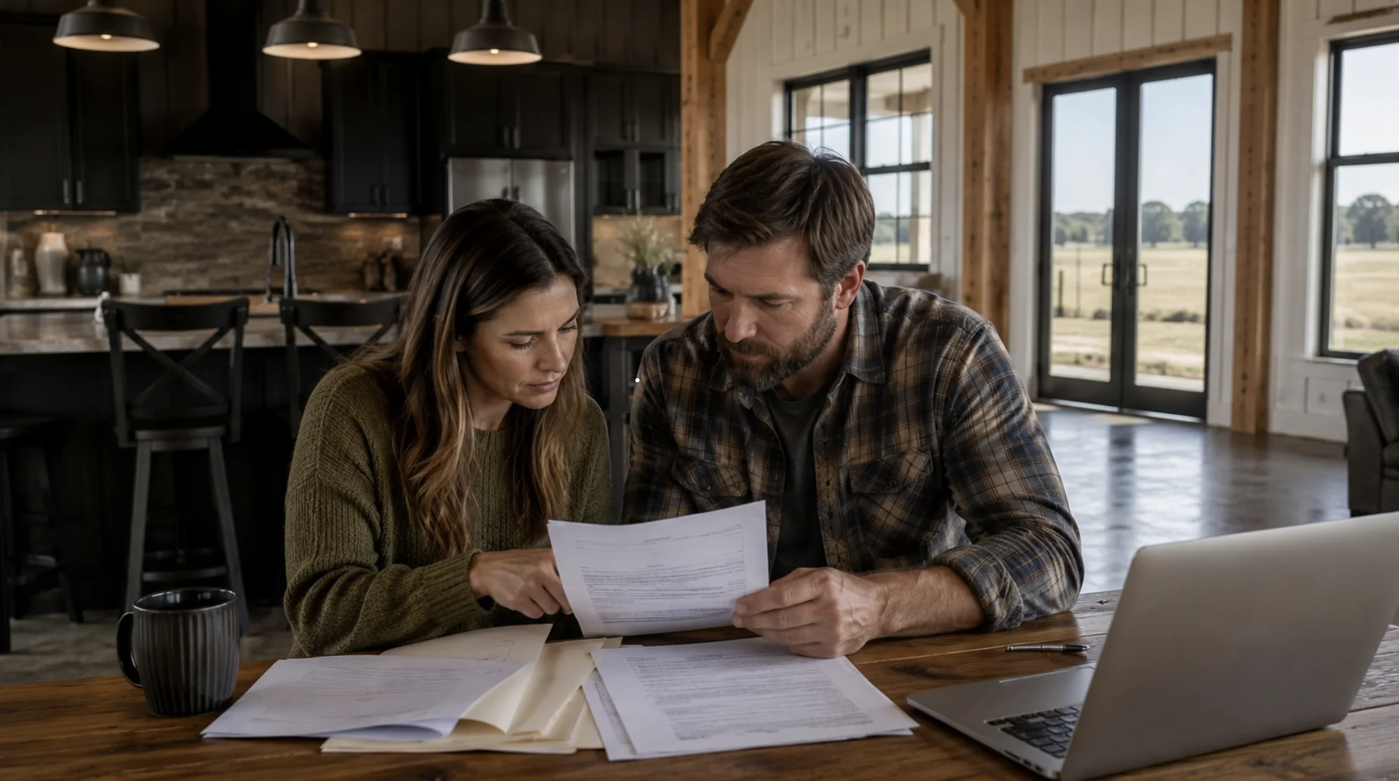 Homeowners reviewing financing documents for a custom Oklahoma barndominium inside a modern farmhouse-style home.