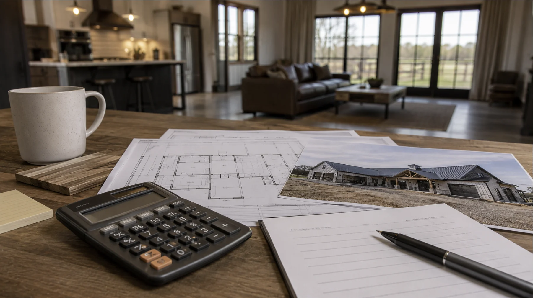 Blueprints, calculator, and planning documents for financing and cost planning of a custom Oklahoma barndominium inside a modern metal home.