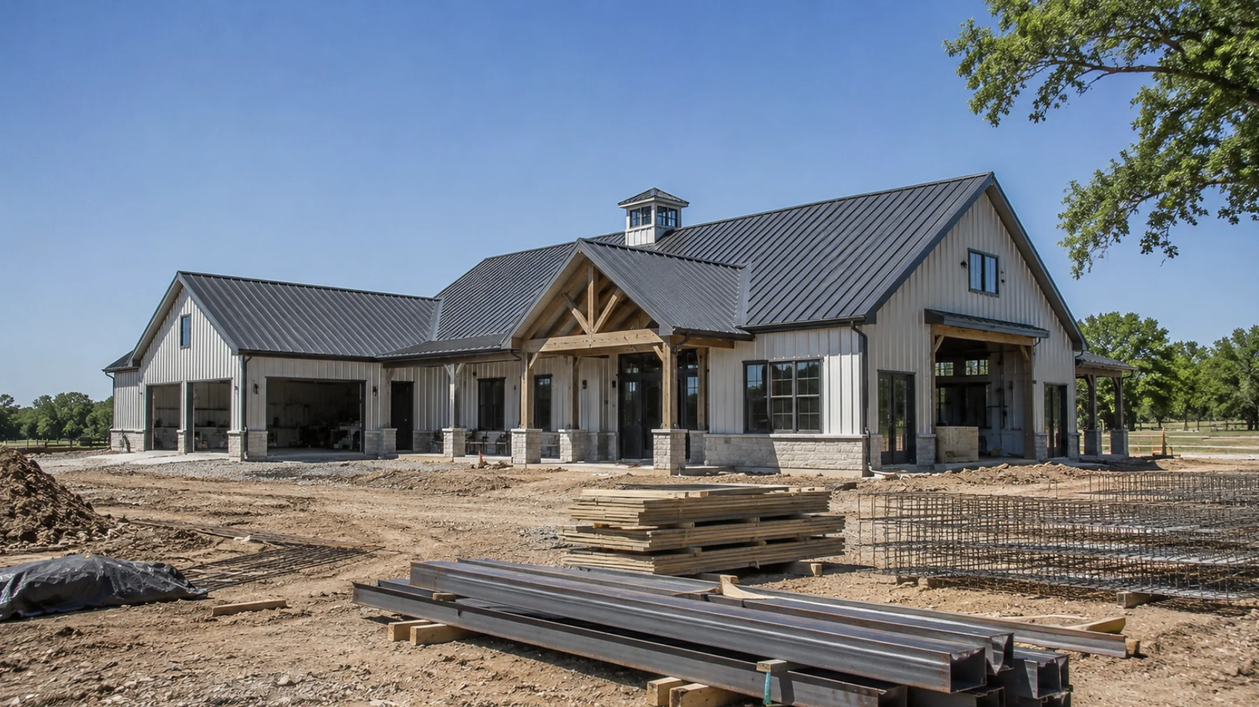 Turnkey barndominium construction in Oklahoma featuring a custom metal home, integrated building materials, and a professionally managed construction site.