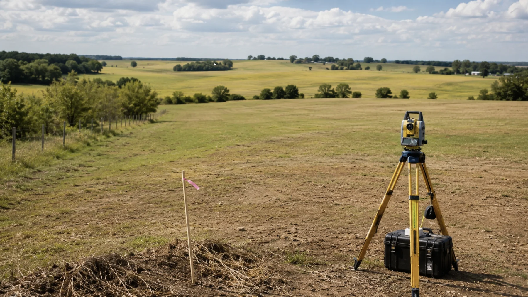 Rural Oklahoma property prepared for land evaluation with surveying equipment, open acreage, boundary markers, and potential custom home construction site.
