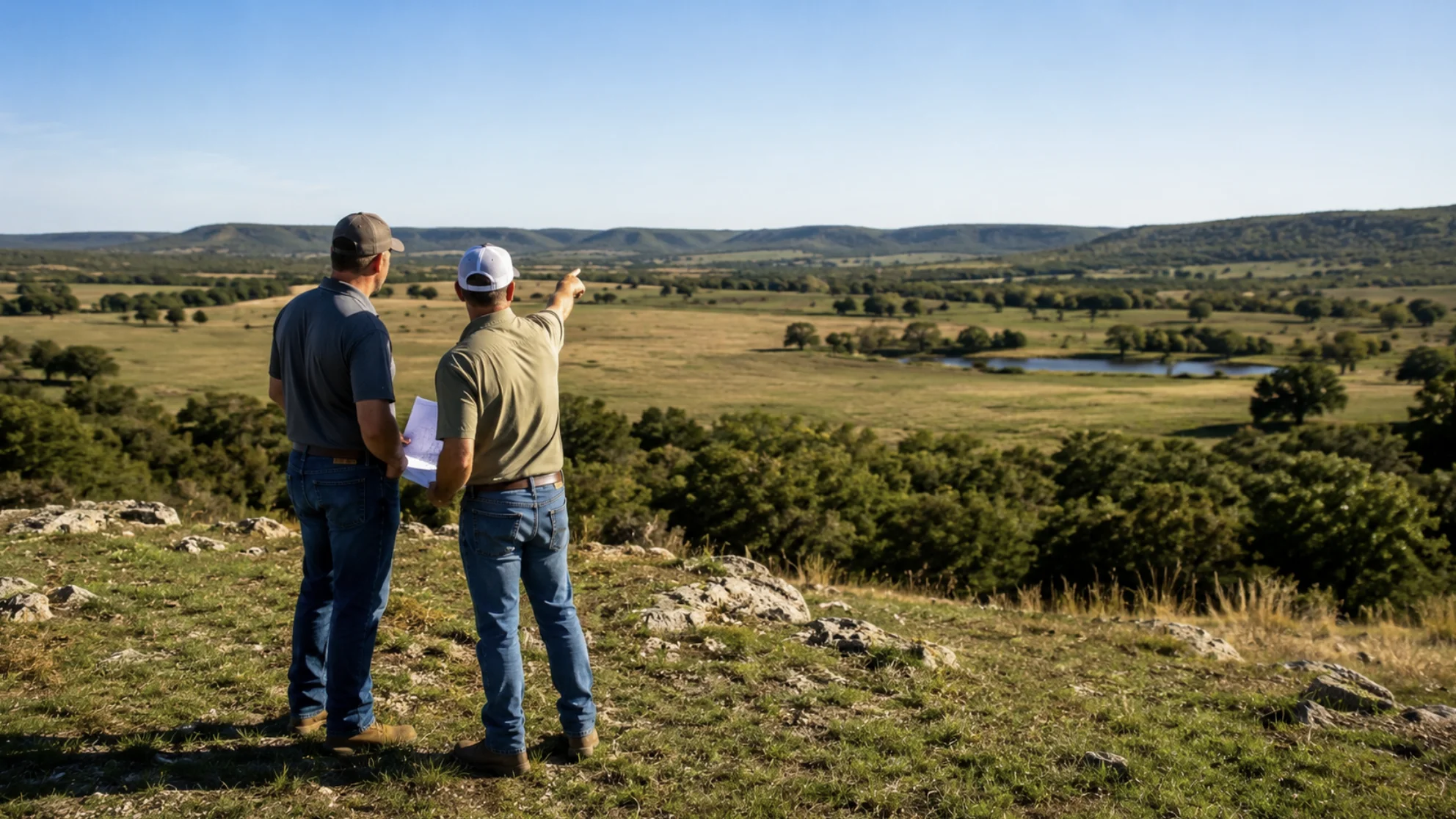 Land selection and site evaluation for a custom Oklahoma barndominium on rural acreage with open fields, pond, and build-ready terrain.