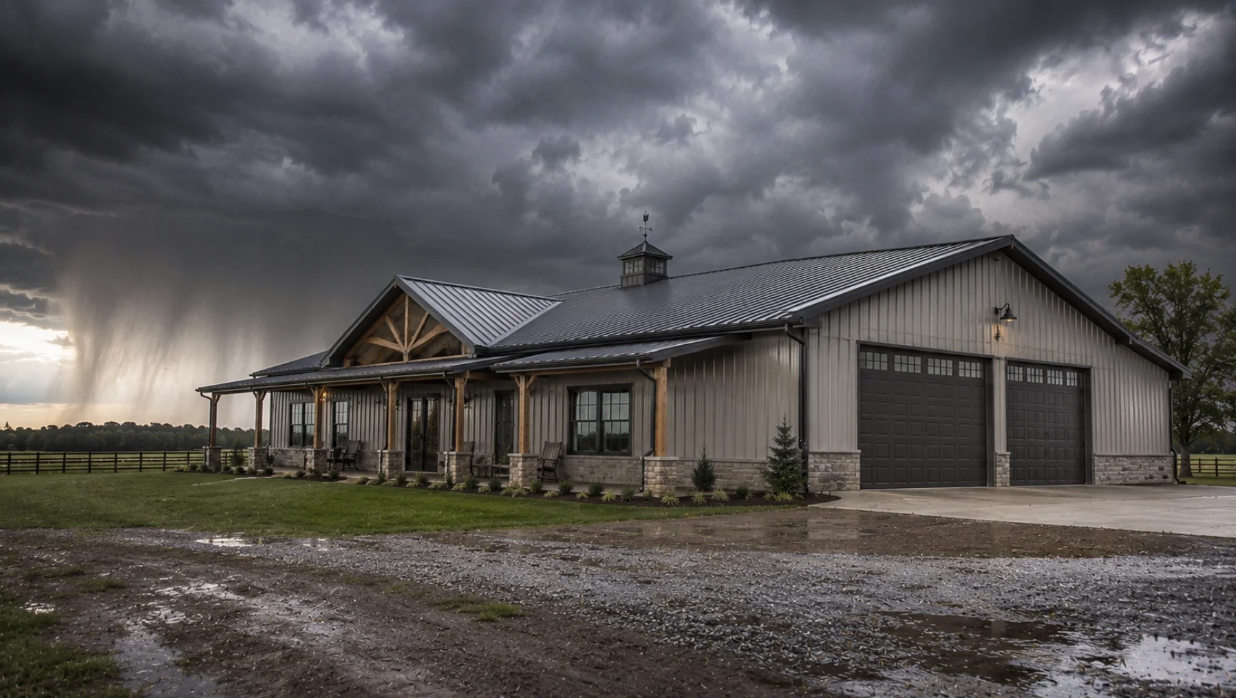 Weather-resistant metal building home in Oklahoma featuring engineered steel construction, standing seam metal roof, and durable exterior beneath approaching storm clouds.