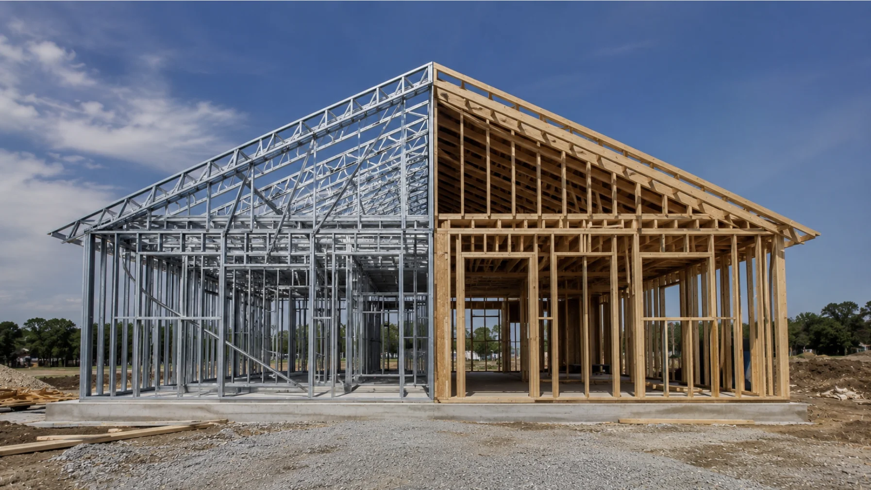 Steel-frame and traditional wood-frame homes under construction side by side on a concrete foundation, comparing metal and wood framing methods.