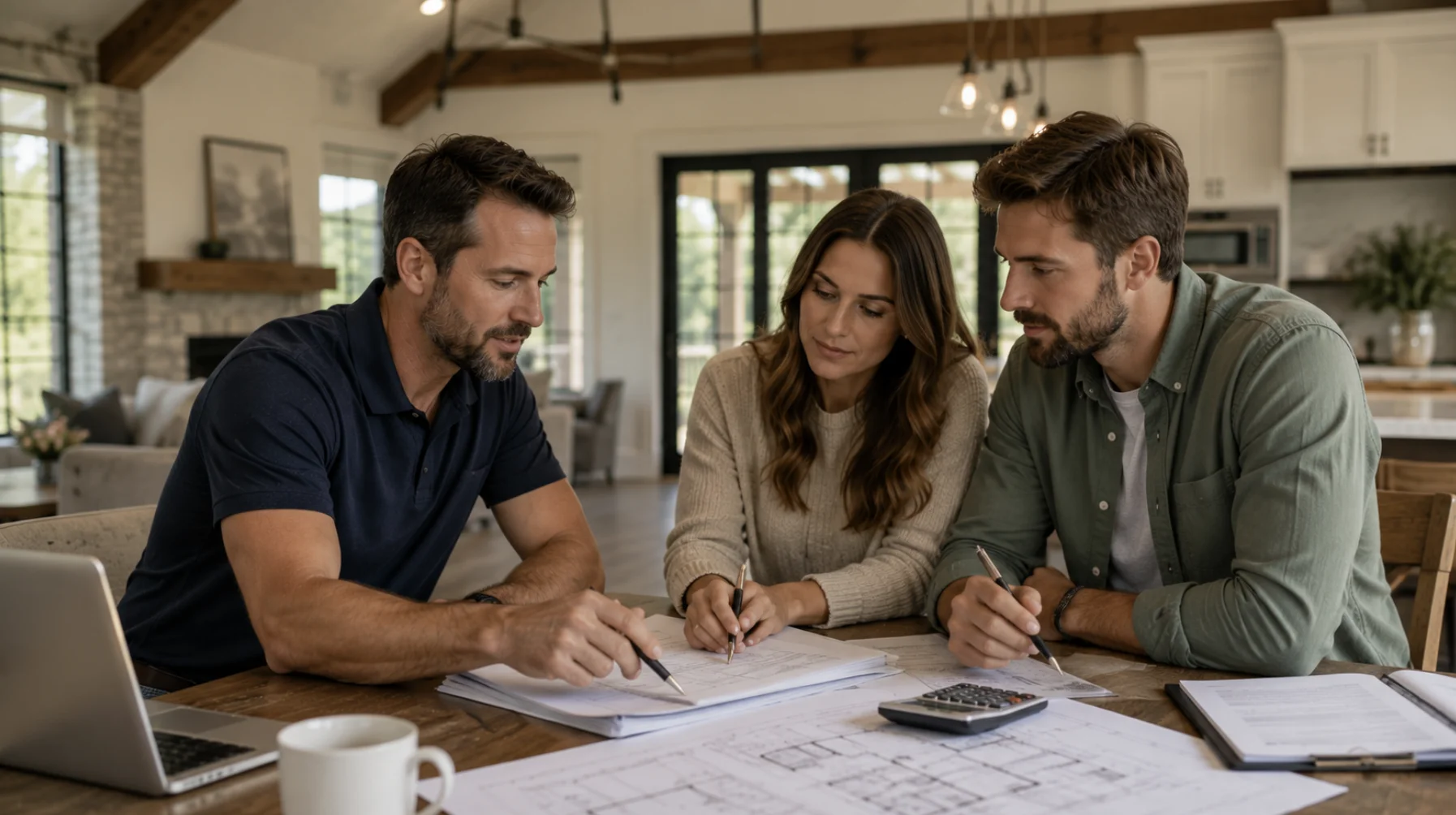 Homeowners planning custom home construction costs and financing with a builder while reviewing blueprints, budget documents, and loan information.
