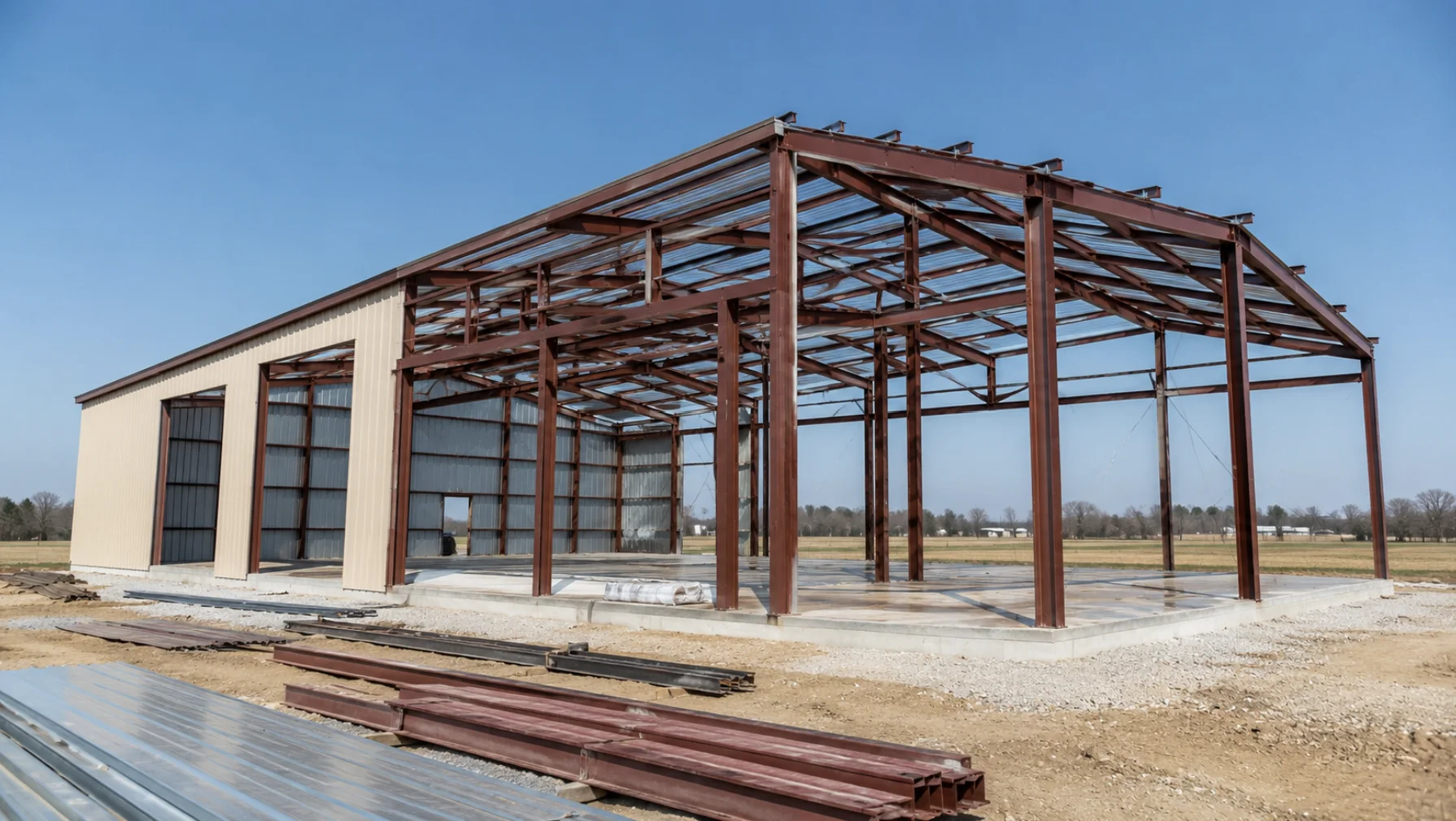 Structural steel framing under construction for a custom Oklahoma barndominium featuring engineered metal beams, roof trusses, and concrete foundation.
