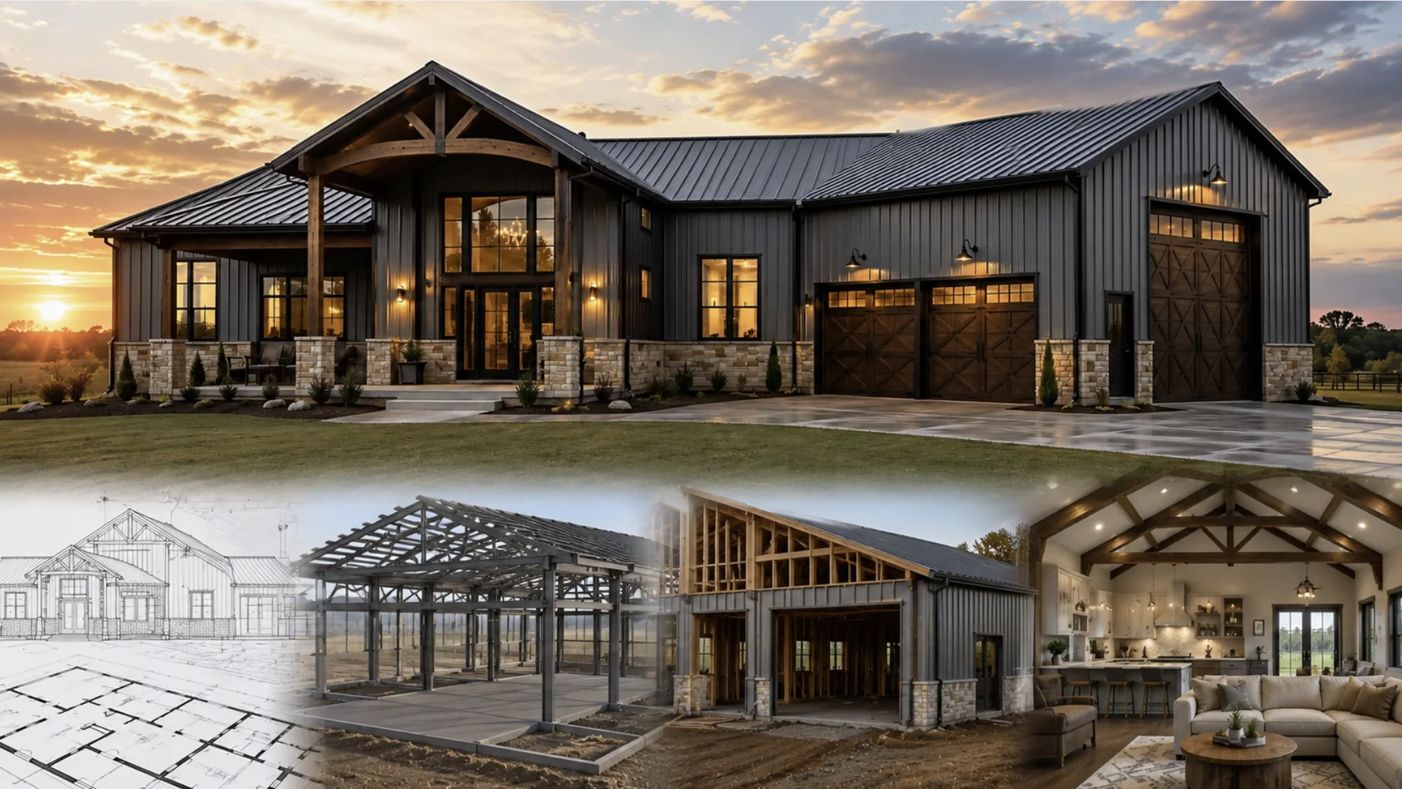 Turnkey barndominium build process in Oklahoma from custom design and steel framing to completed modern home with no subcontractor handoffs.