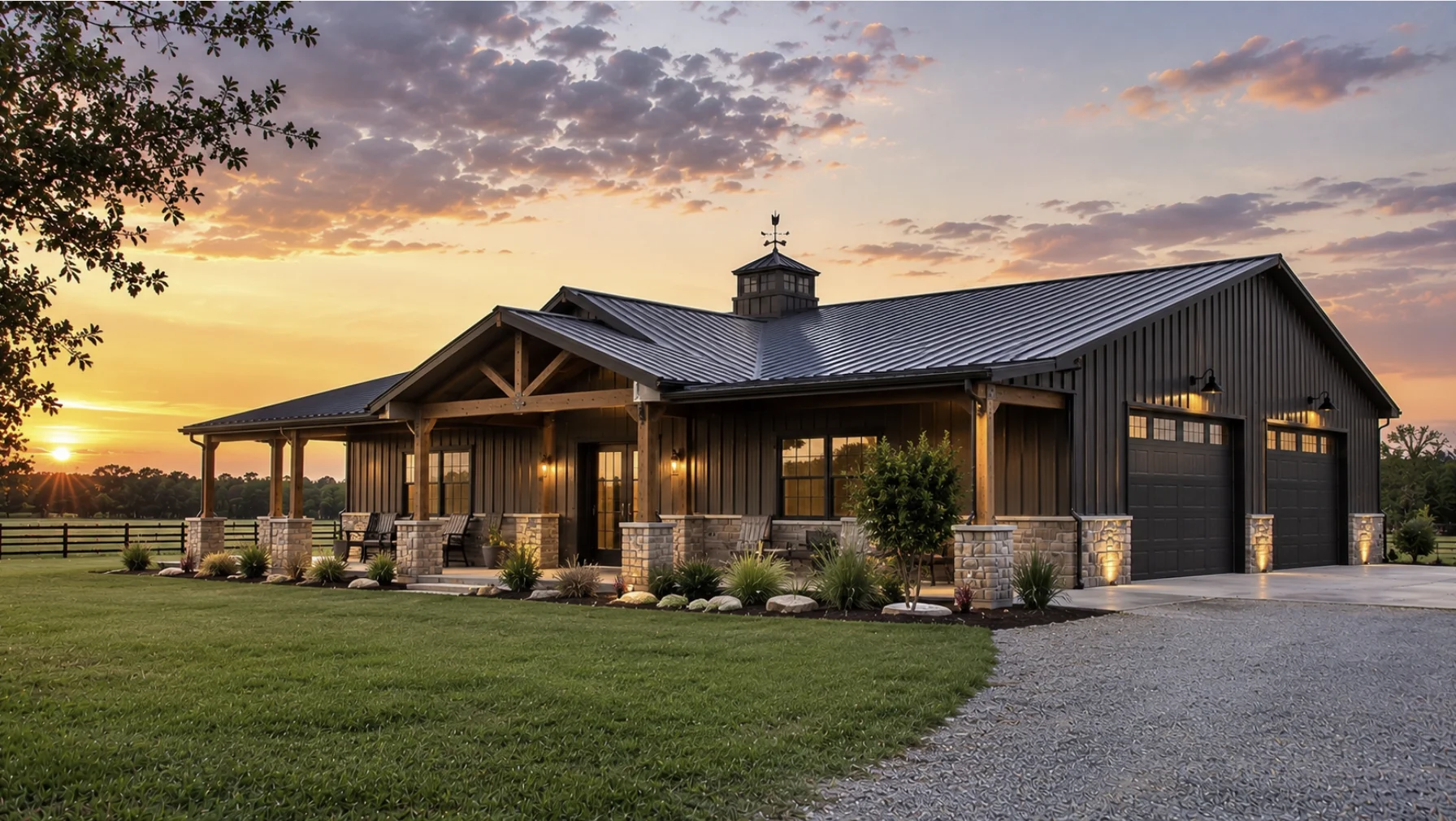 Modern Oklahoma metal home on a spacious rural property featuring durable steel construction, covered porch, oversized garage, and energy-efficient design.