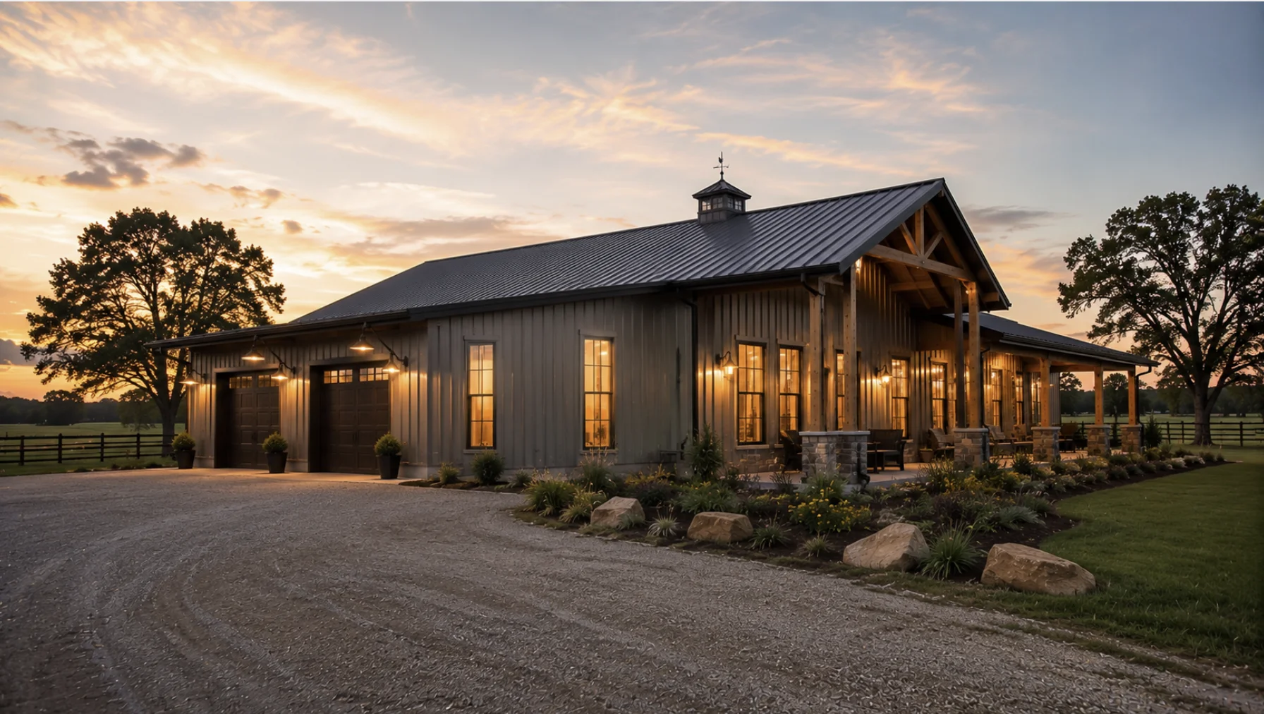 Grey barndominium built in Oklahoma with wide porch and beautiful garden