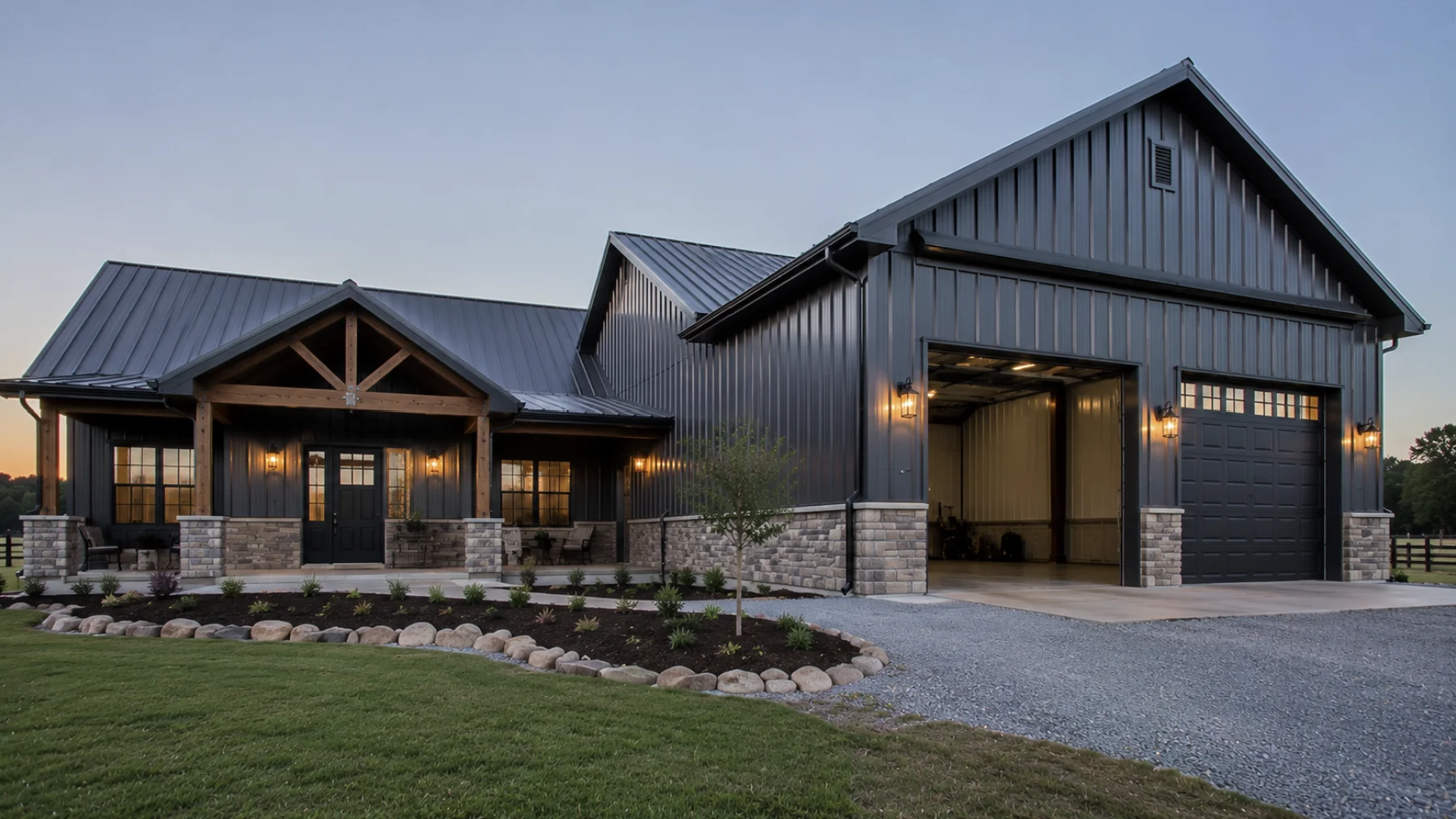 Custom Oklahoma metal home showcasing premium steel construction, modern farmhouse architecture, oversized garage, and professional craftsmanship on a landscaped rural property.