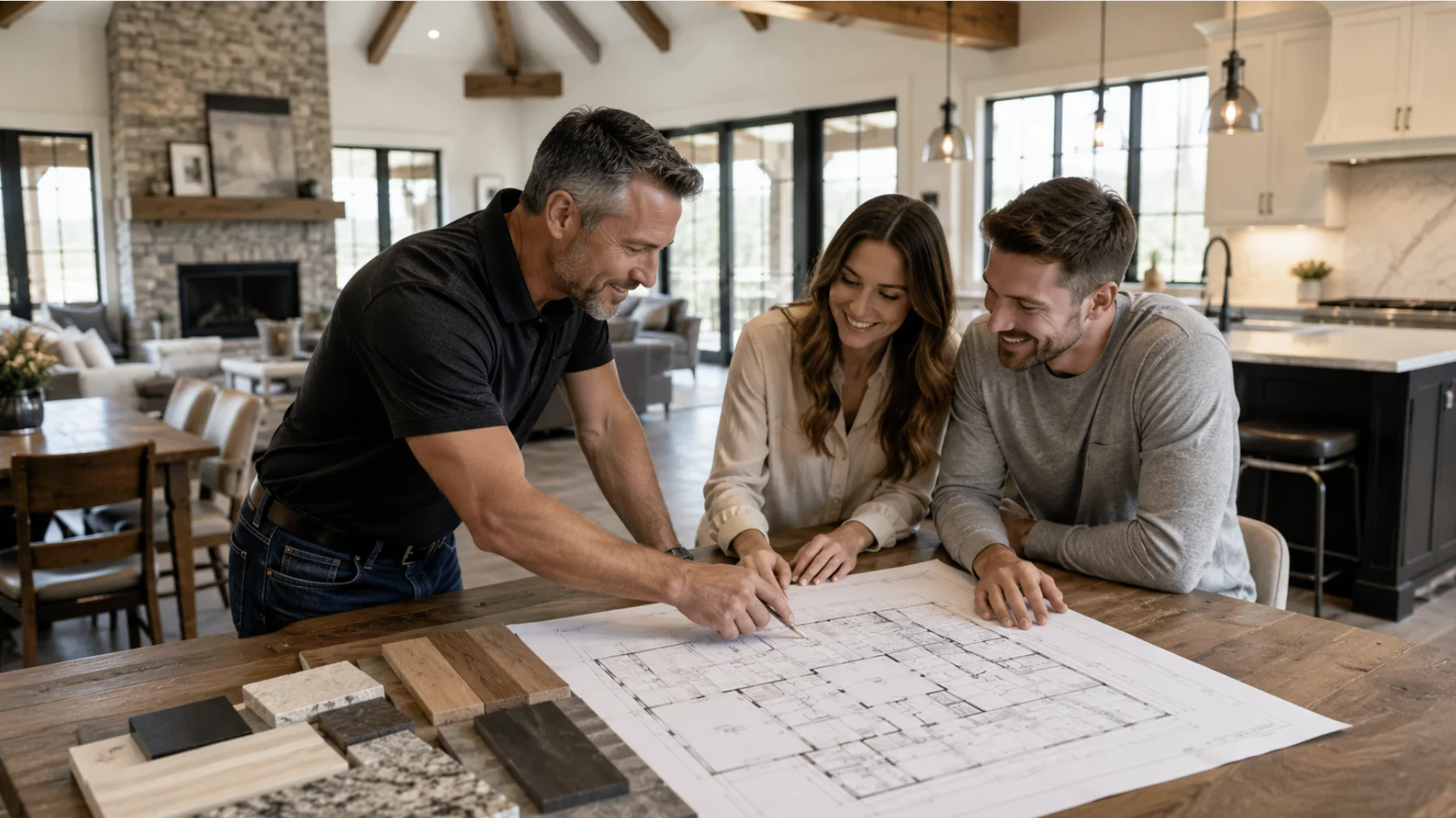 Oklahoma custom home builder meeting with homeowners to review floor plans and design options inside a newly built luxury home.