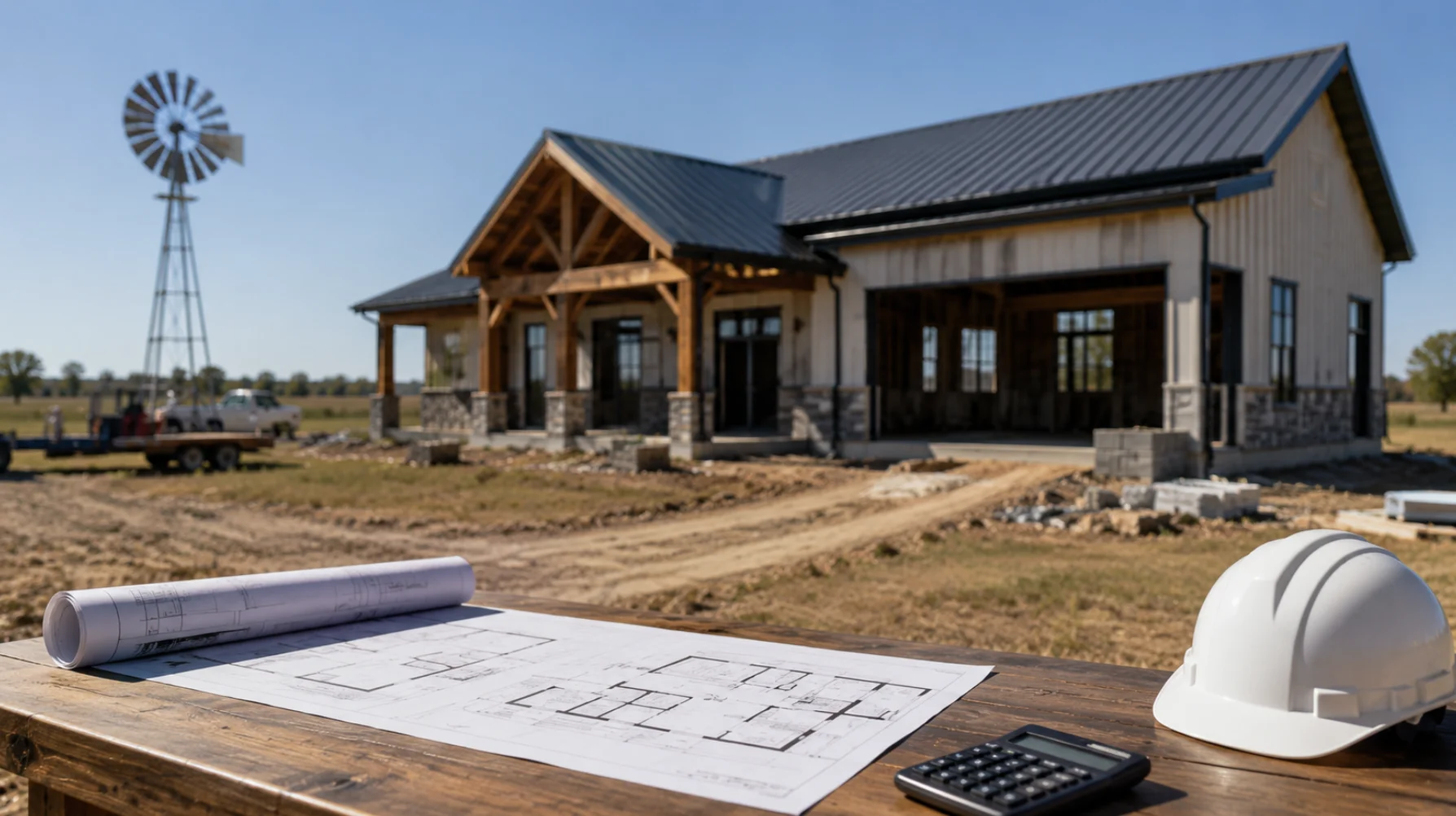 Experienced Oklahoma custom home builder reviewing construction plans at a local home building site with a modern metal barndominium under construction.