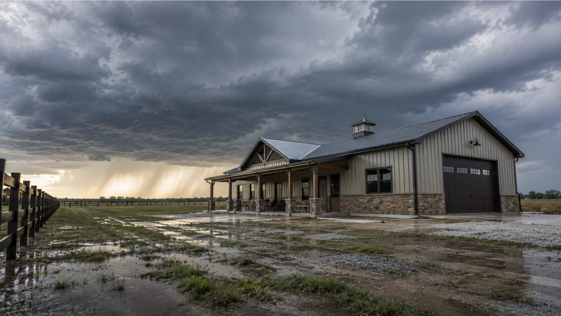 Custom Oklahoma barndominium built to withstand severe weather, featuring durable metal construction under dramatic storm clouds on a rural property.
