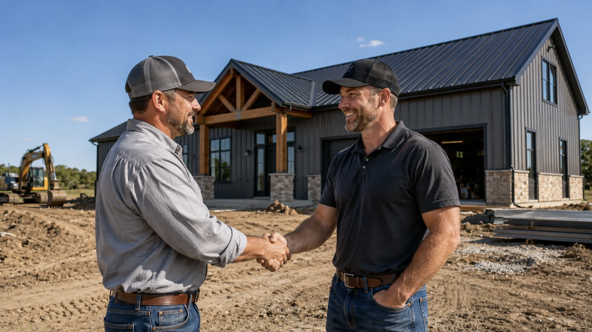 New barndominium owner shakes hands with the barndo builder who finished the project successfully.