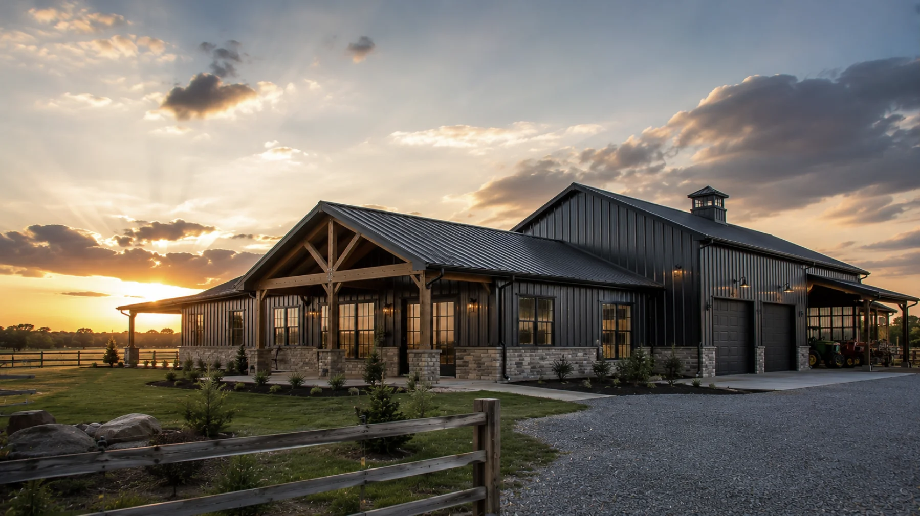 Custom turnkey Oklahoma barndominium showcasing expert craftsmanship, durable metal construction, oversized garage, and landscaped rural property at sunset.