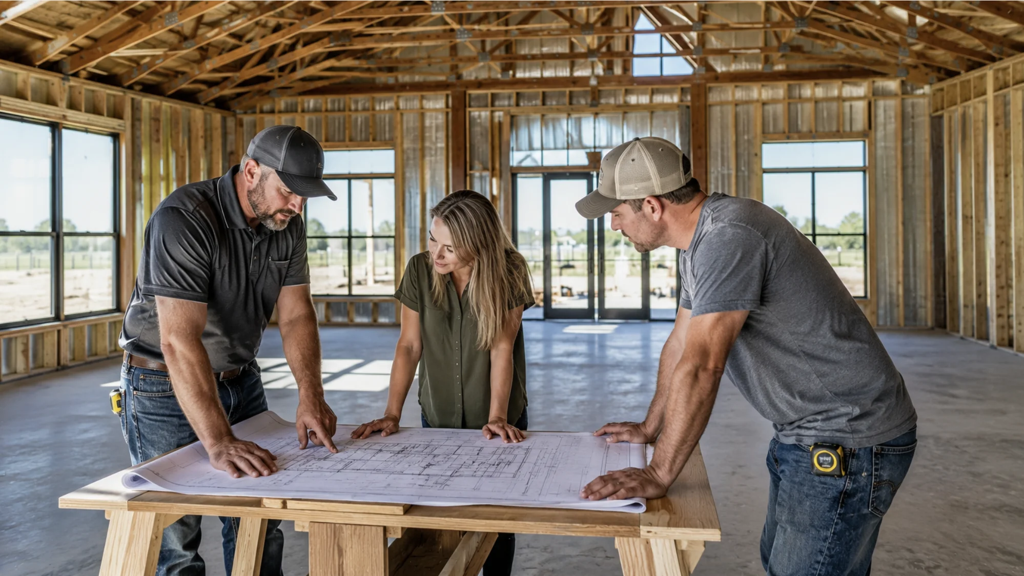 In-house barndominium contractors in Oklahoma reviewing custom home plans inside a steel-frame construction project.