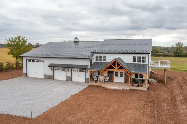 white barndominium build with light grey metal roof in Eastern Oklahoma