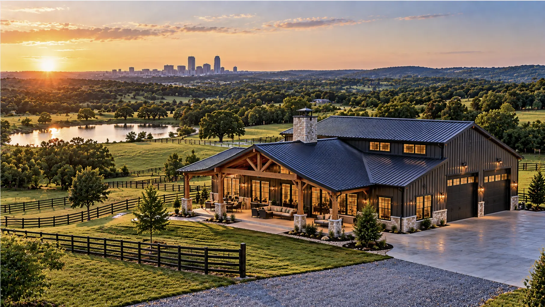 Modern barndominium on rural acreage serving Tulsa and surrounding Northeast Oklahoma communities.