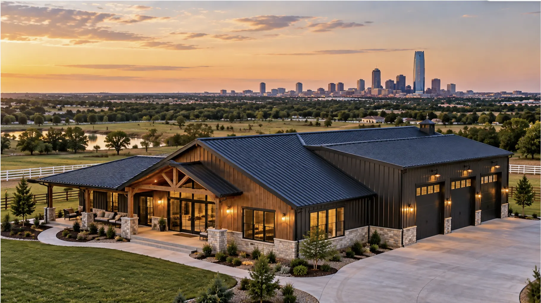 Modern barndominium on landscaped acreage near Oklahoma City with rural surroundings and city skyline in the distance.