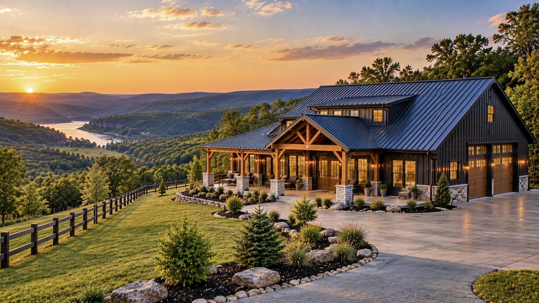 Modern barndominium near Tahlequah Oklahoma with metal siding, timber porch, attached garage, and wooded rural landscape
