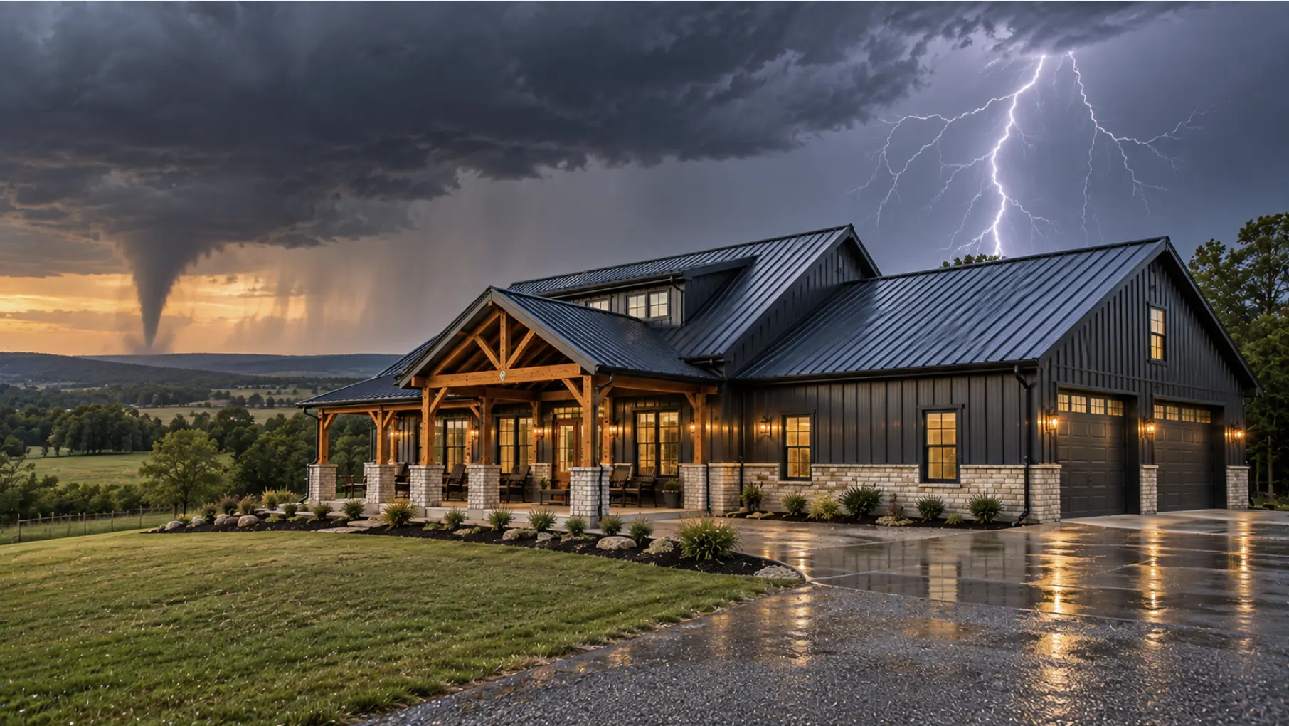 Steel-framed Oklahoma barndominium engineered for severe weather with storm clouds, lightning, and tornado conditions