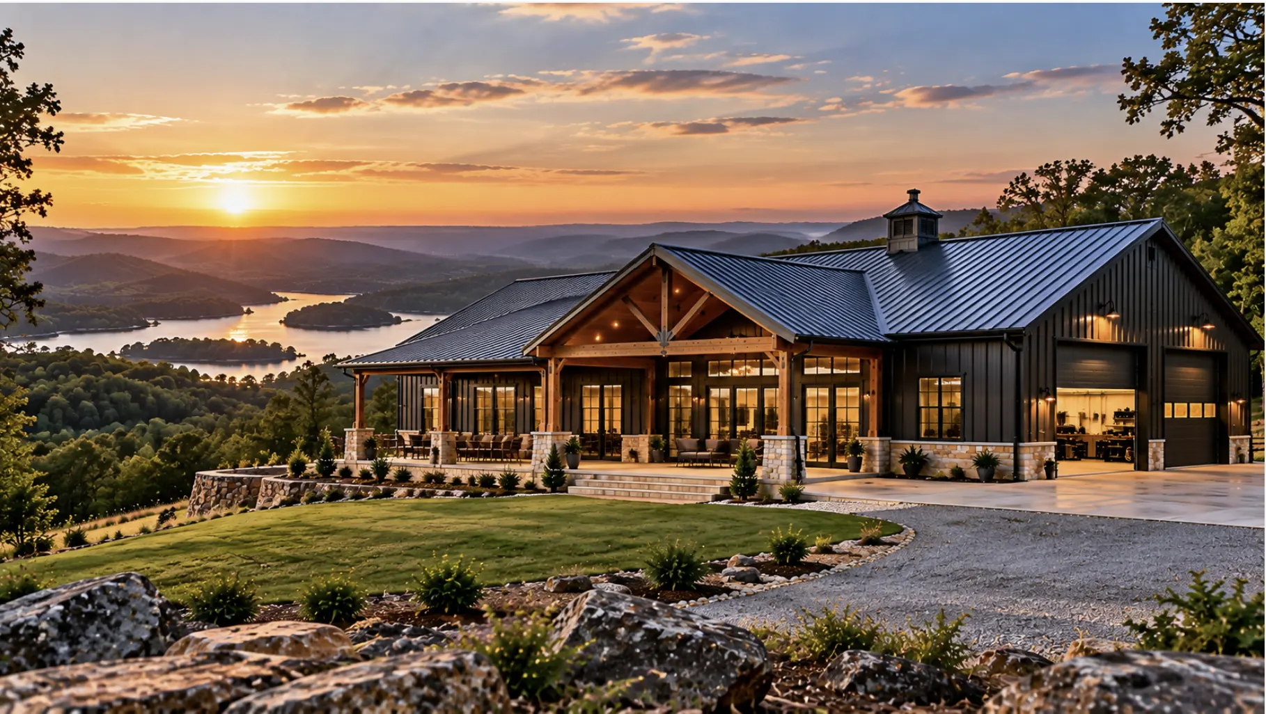 Custom barndominium serving Southeast Oklahoma communities with wooded hills, rural acreage, and regional terrain.
