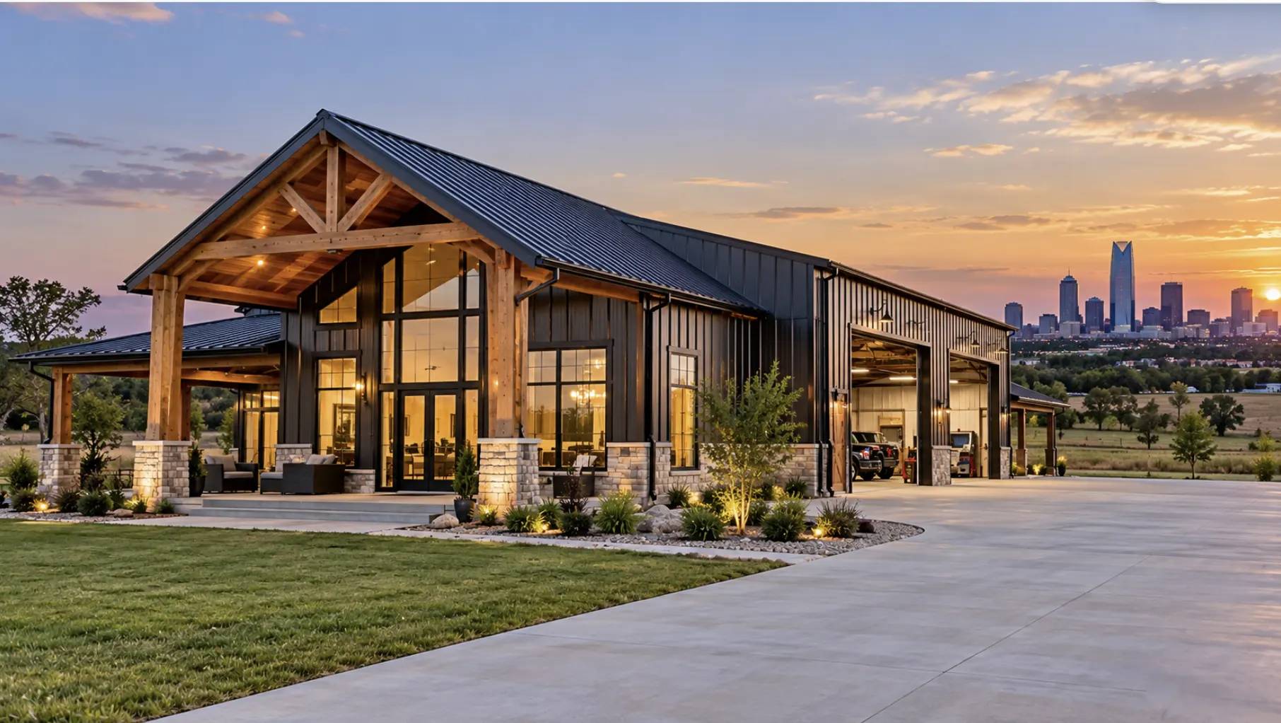 Modern barndominium home with steel siding, timber framing, and attached garage near Oklahoma City.