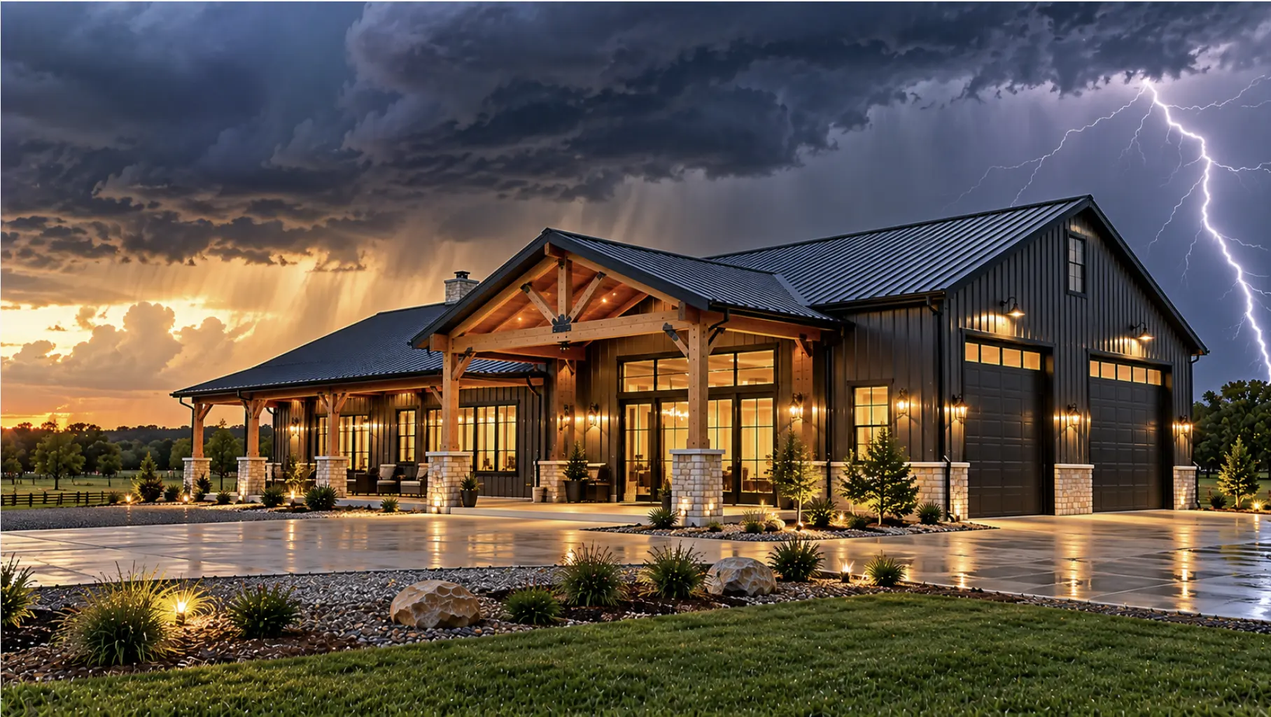 Steel-frame barndominium in Oklahoma County engineered for strong winds, severe storms, and changing weather conditions.