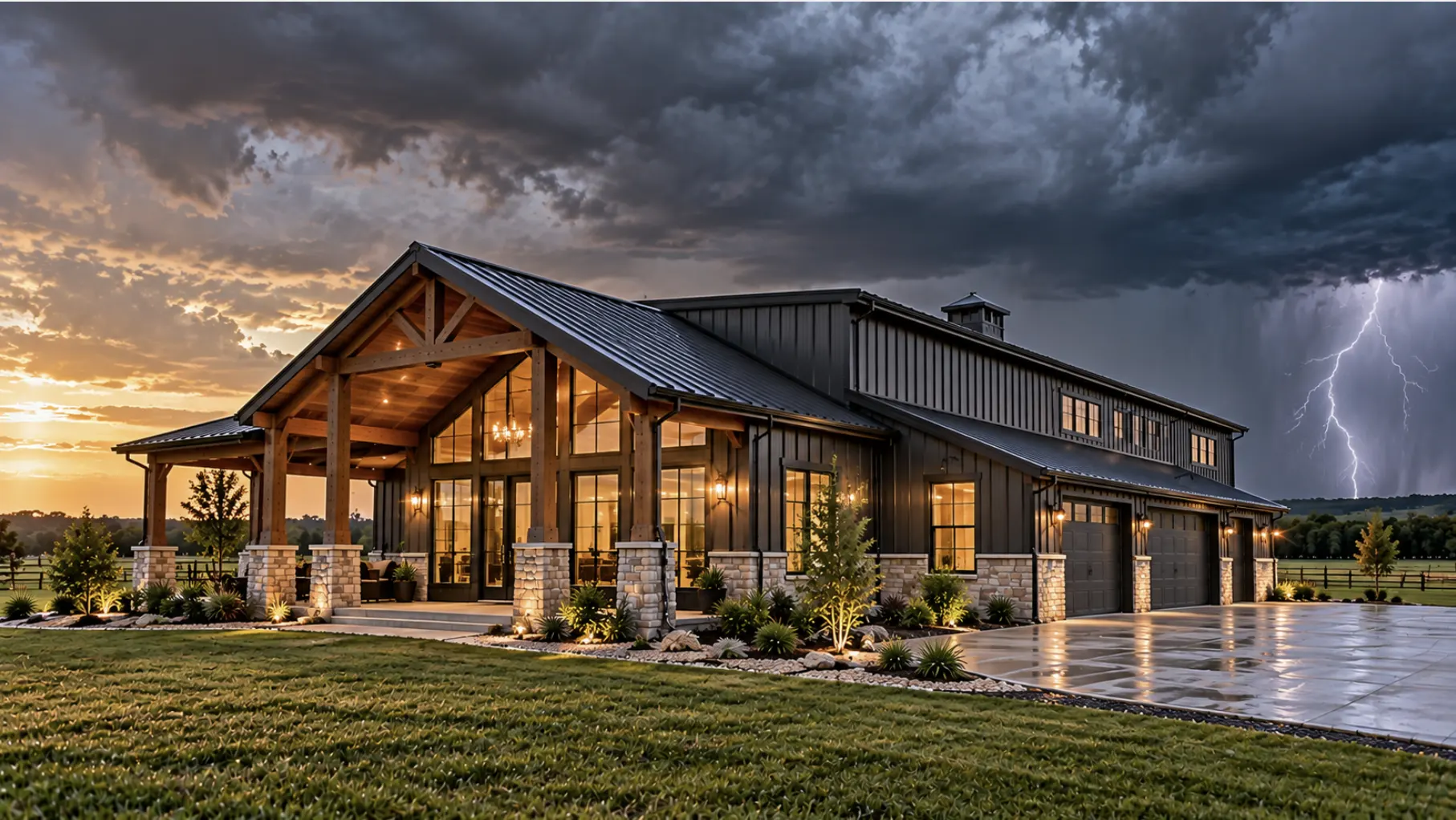 Steel-frame barndominium in Tulsa, Oklahoma engineered for severe weather and wind exposure.