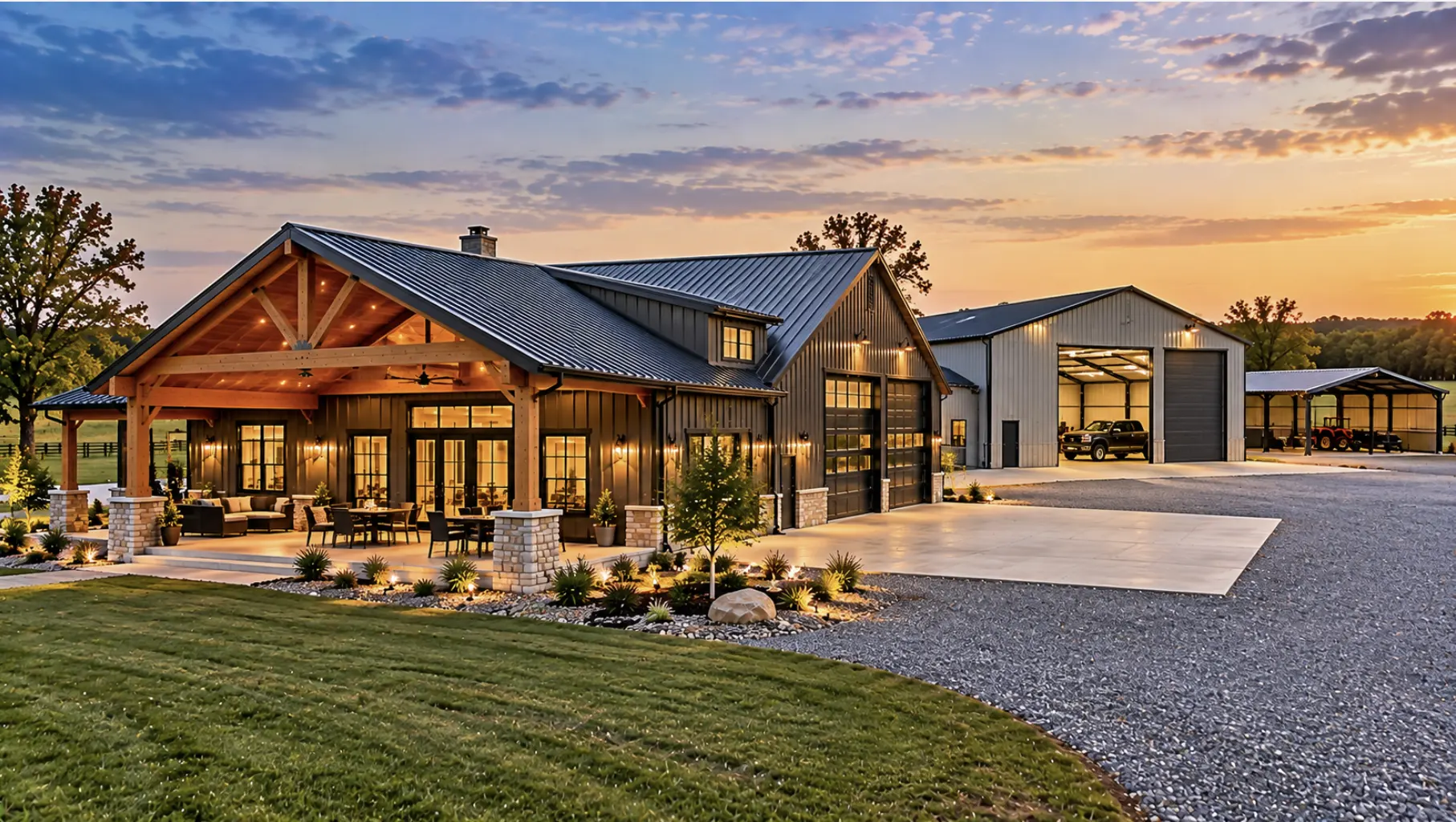 Custom metal barndominium with attached workshop and detached metal building on a Norman, Oklahoma property.