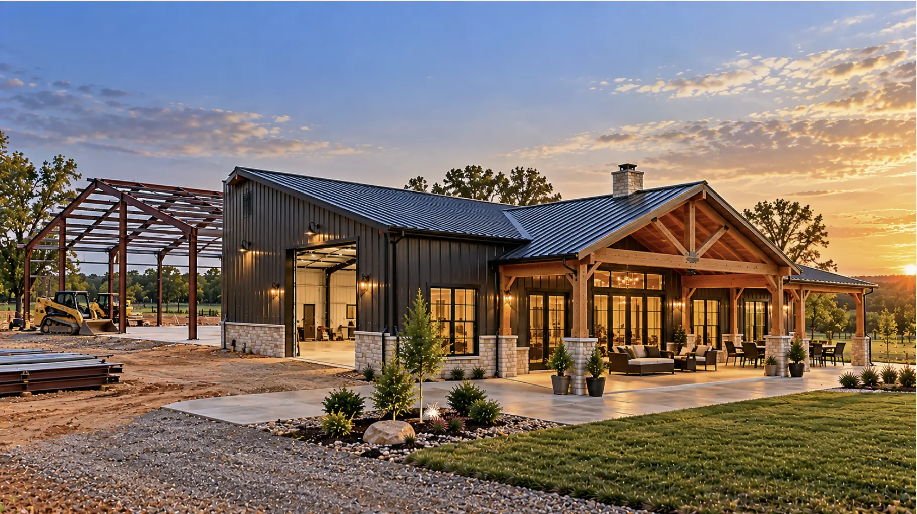 Turnkey barndominium construction showing steel framing and a finished home managed through every stage of the build.