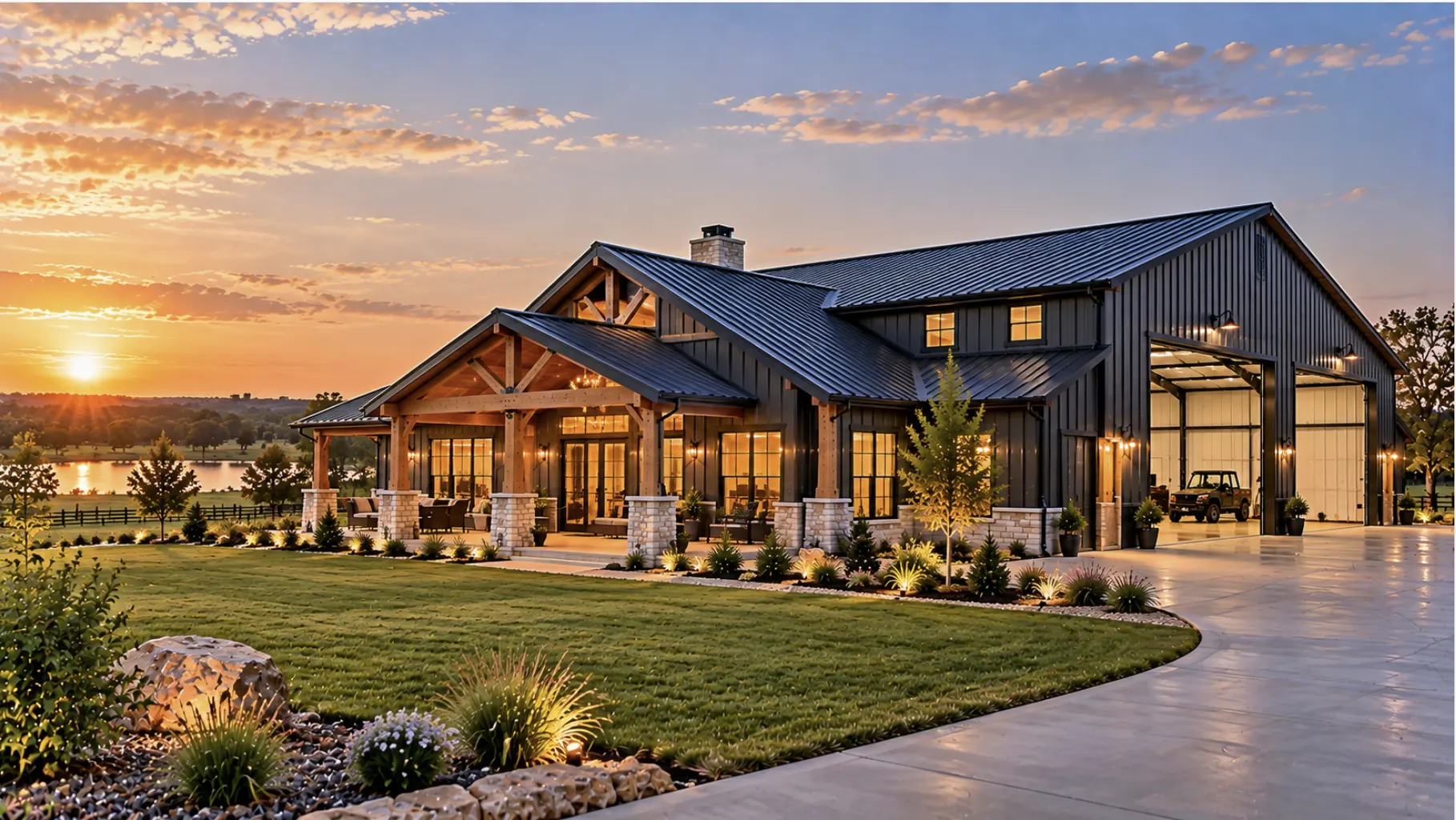 Completed turnkey barndominium in Norman, Oklahoma showcasing the full construction process from land preparation to finished home.