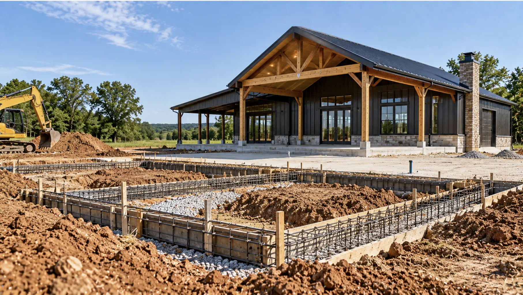 Oklahoma City barndominium construction site with engineered foundation, reinforced footings, clay soil, and steel-framed home