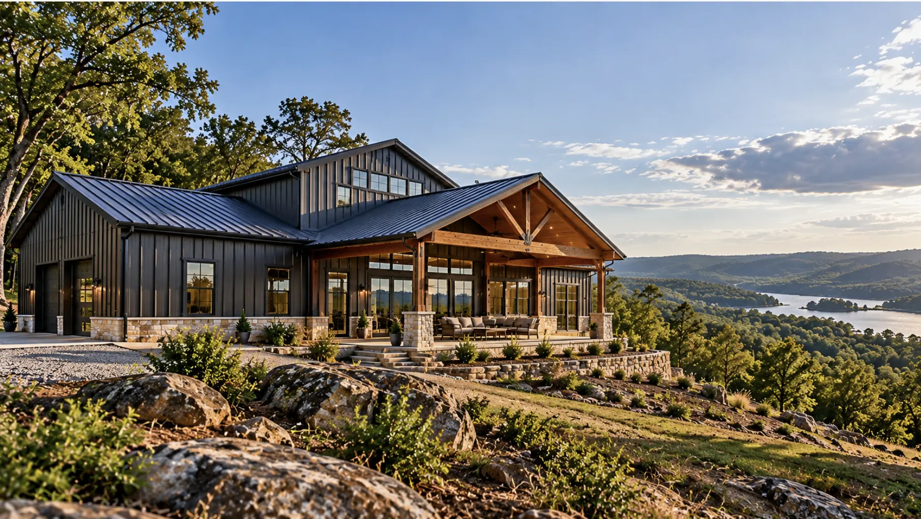 Modern barndominium built on sloped, rocky terrain in Southeast Oklahoma with site-specific foundation and drainage considerations.