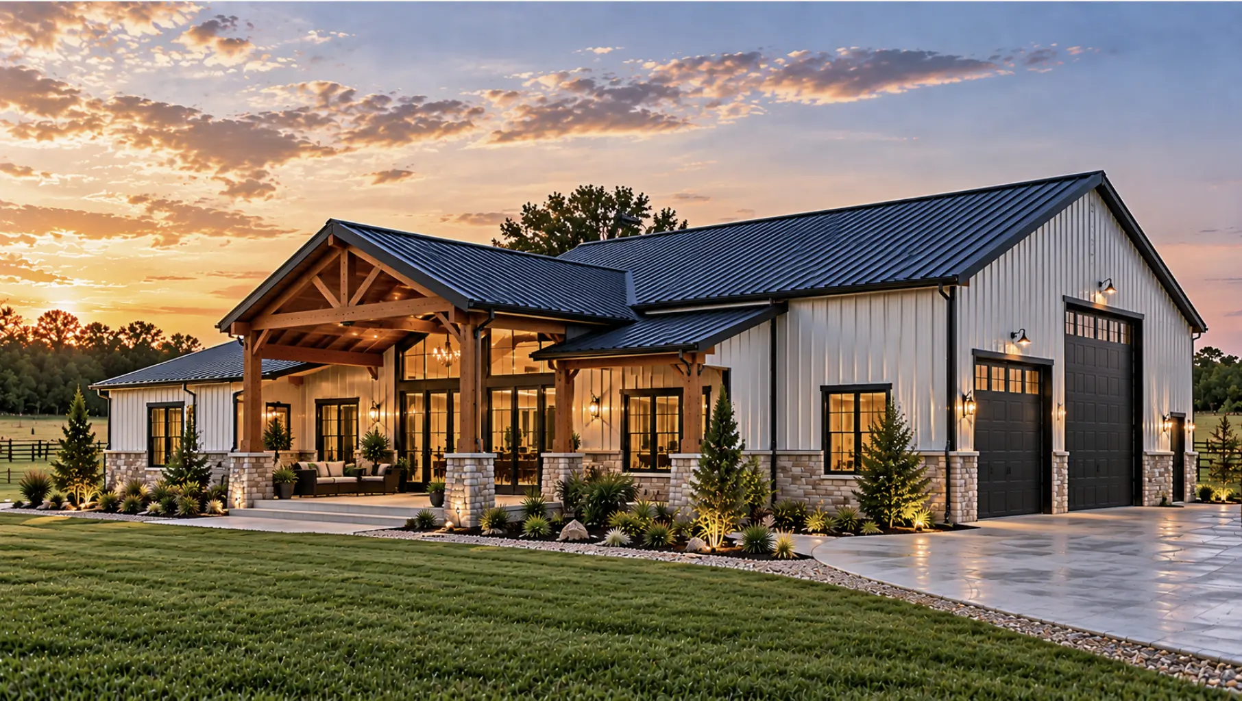 Finished white metal barndominium with attached shop and covered porch in Tulsa, Oklahoma