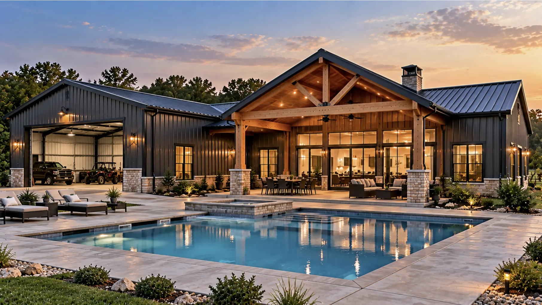 Custom Tulsa barndominium design with integrated living space, workshop garage, covered outdoor area, and pool.