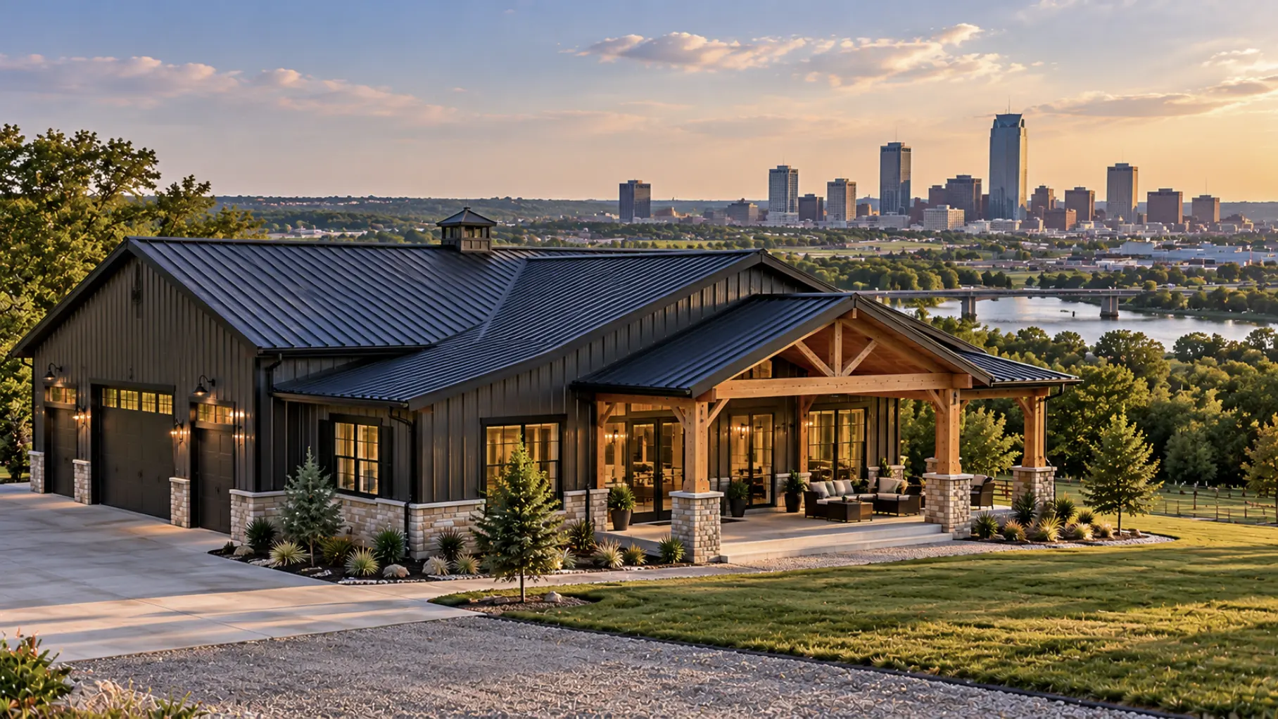 Modern barndominium near Tulsa, Oklahoma designed for local city and county building requirements.