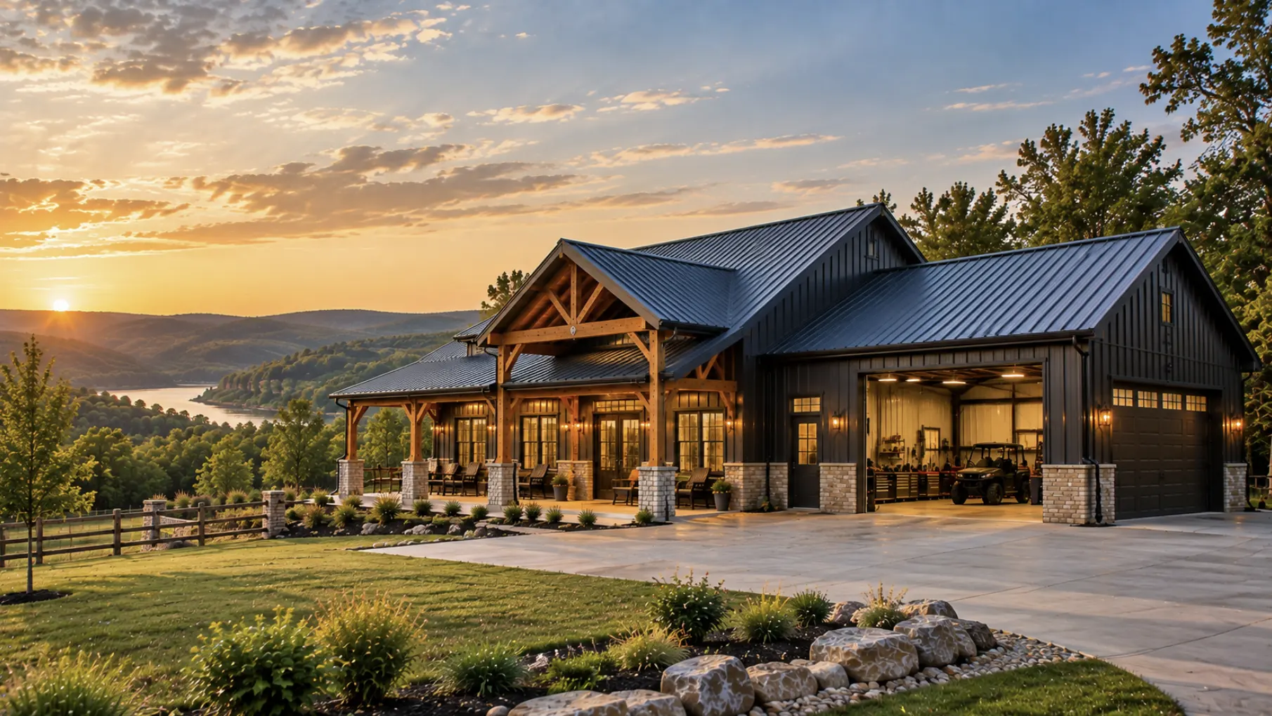 Custom barndominium in Tahlequah Oklahoma with metal siding, timber porch, attached workshop, and landscaped rural property