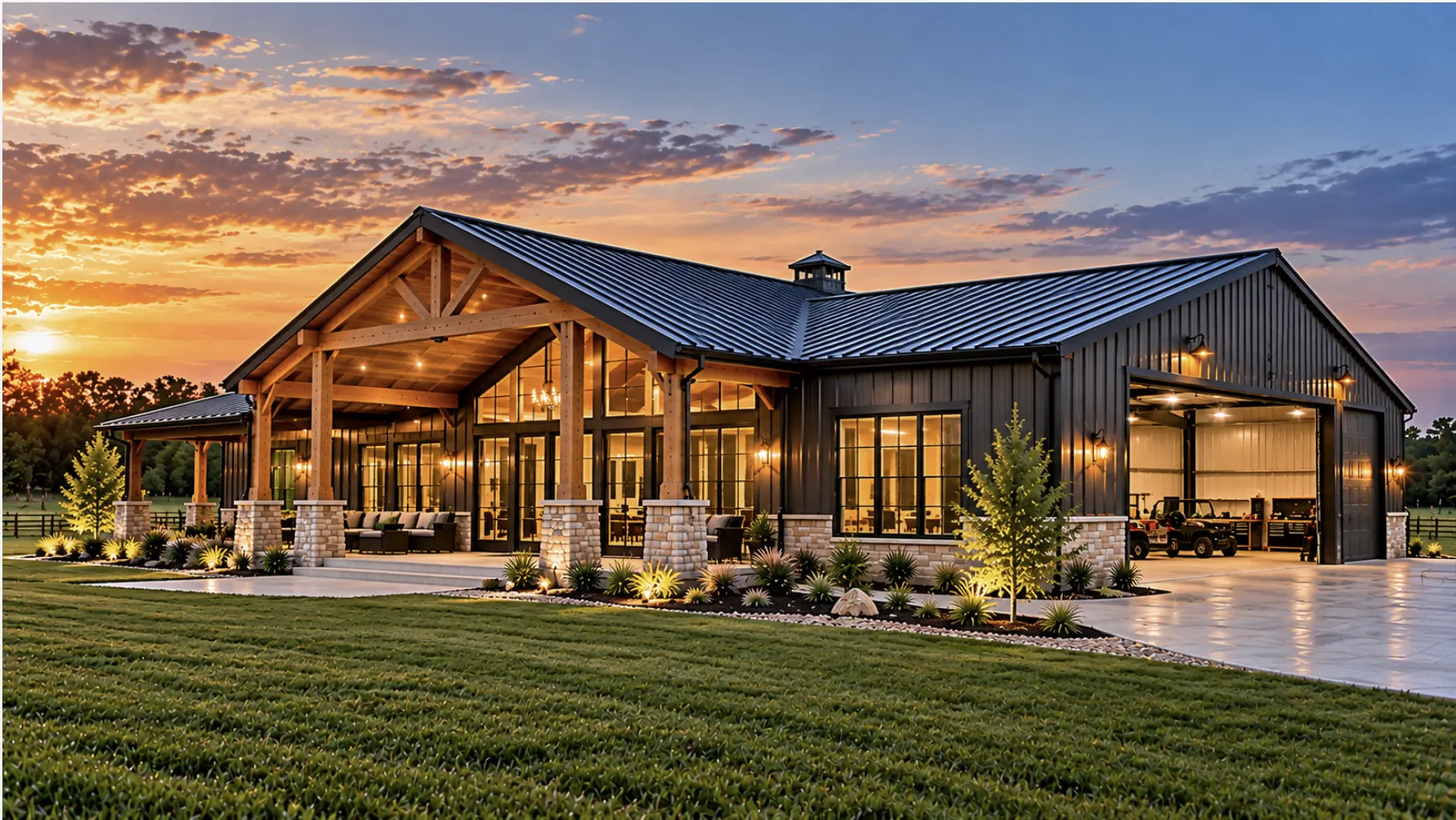 Fully finished turnkey barndominium in Tulsa, Oklahoma with steel exterior, covered porch, and attached workshop garage.