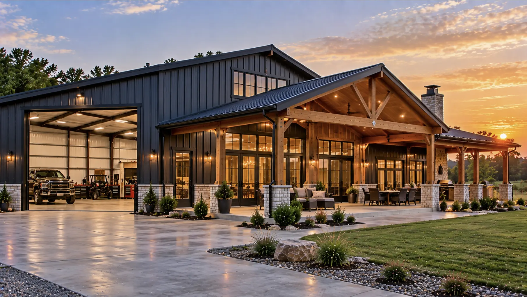 Turnkey barndominium in Oklahoma City with finished living space, covered porch, attached workshop, and steel exterior